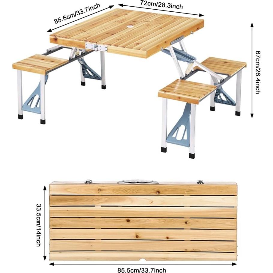 Folding Picnic Table with Seats, Aluminum Camping Table with Umbrella Hole, Portable Suitcase Table, Foldable Camping Picnic Table for Outdoor, Party, Yard, Lawn, Beach, BBQ