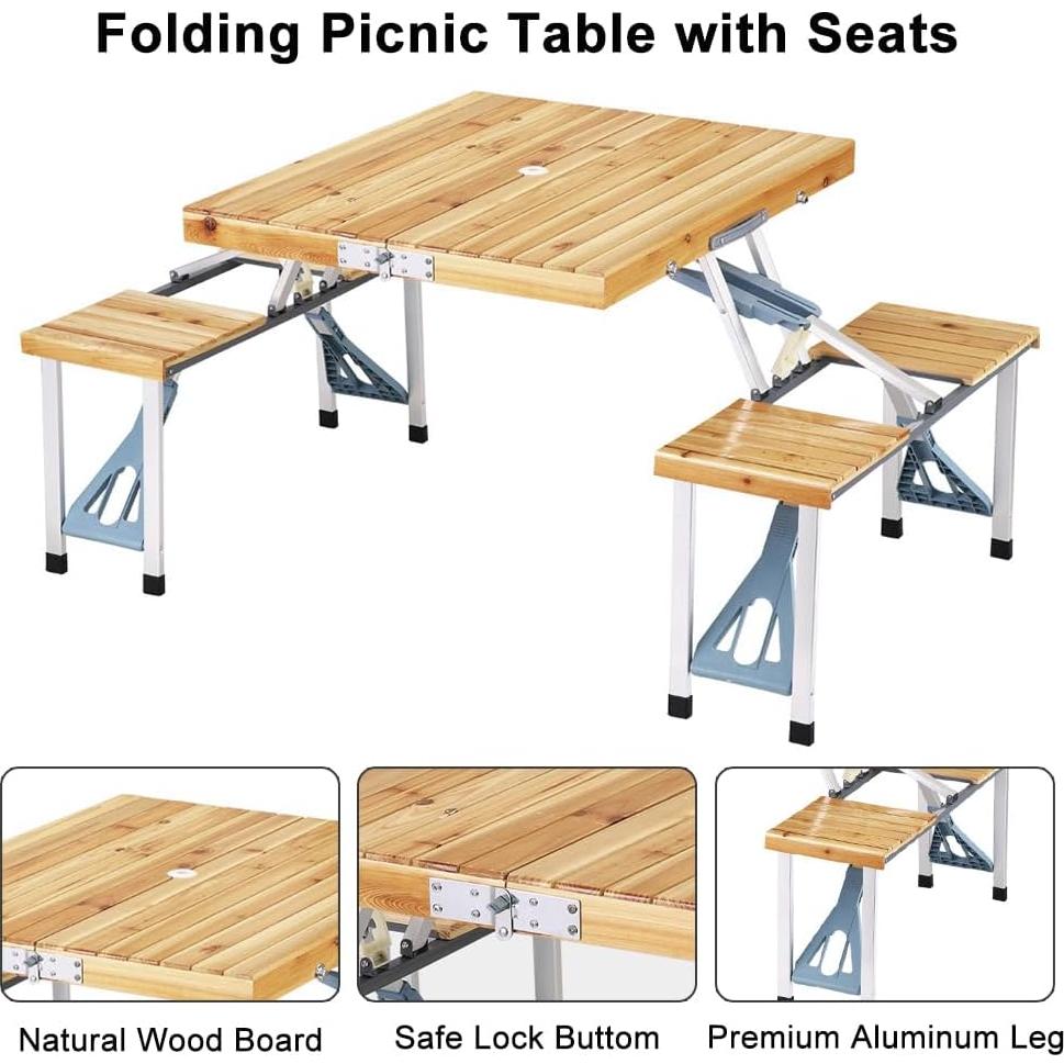 Folding Picnic Table with Seats, Aluminum Camping Table with Umbrella Hole, Portable Suitcase Table, Foldable Camping Picnic Table for Outdoor, Party, Yard, Lawn, Beach, BBQ