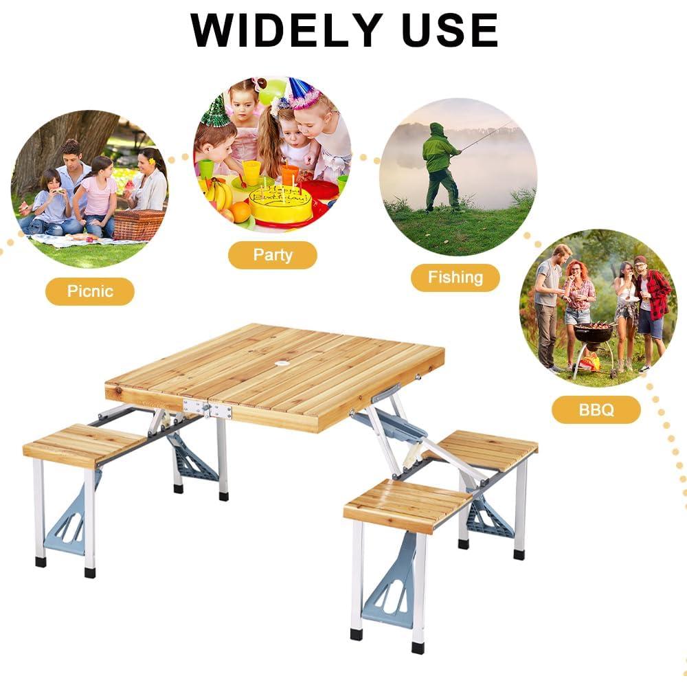 Folding Picnic Table with Seats, Aluminum Camping Table with Umbrella Hole, Portable Suitcase Table, Foldable Camping Picnic Table for Outdoor, Party, Yard, Lawn, Beach, BBQ