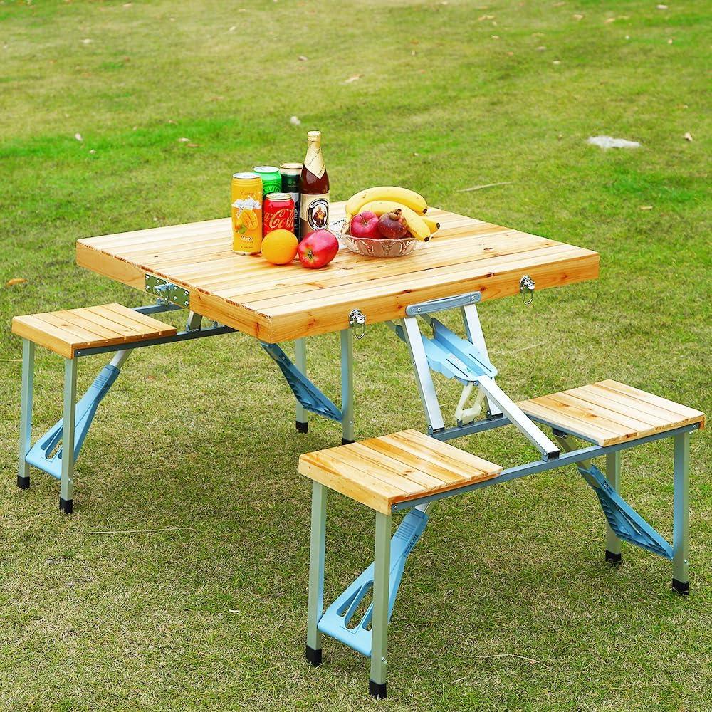 Folding Picnic Table with Seats, Aluminum Camping Table with Umbrella Hole, Portable Suitcase Table, Foldable Camping Picnic Table for Outdoor, Party, Yard, Lawn, Beach, BBQ