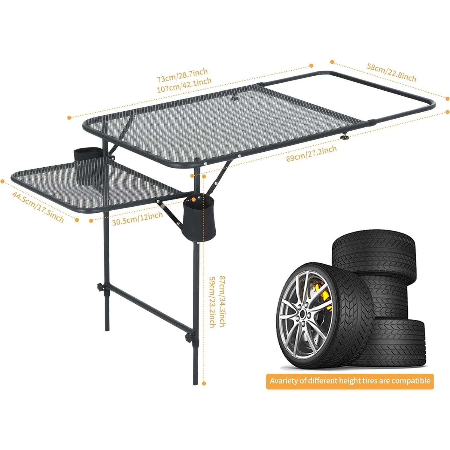 Camping Table, Overlanding Gear, Car Table, Tailgate Table with Cupholders, Extended Side Table, Lightweight, Foldable & Heavy Duty for Outdoor Camping and Picnic