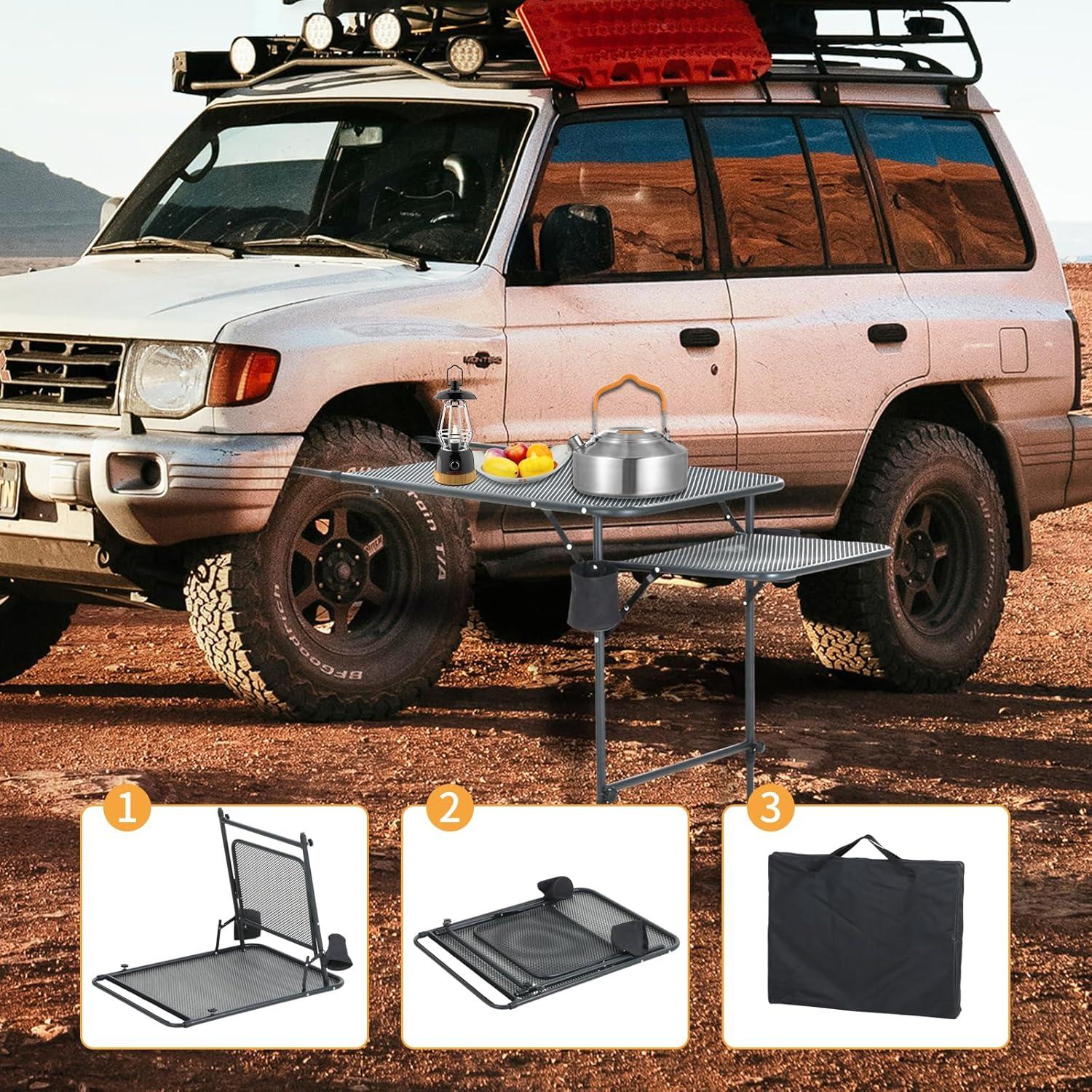 Camping Table, Overlanding Gear, Car Table, Tailgate Table with Cupholders, Extended Side Table, Lightweight, Foldable & Heavy Duty for Outdoor Camping and Picnic