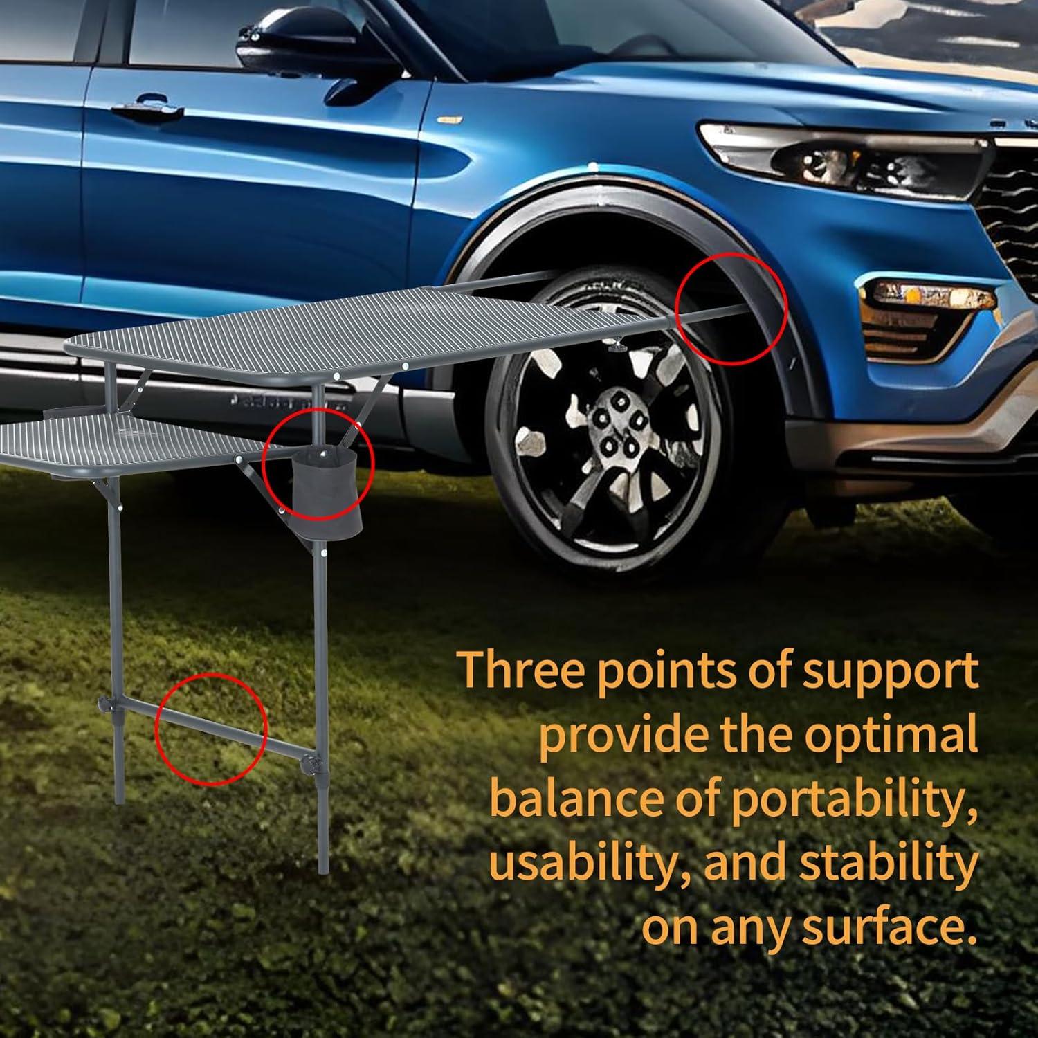 Camping Table, Overlanding Gear, Car Table, Tailgate Table with Cupholders, Extended Side Table, Lightweight, Foldable & Heavy Duty for Outdoor Camping and Picnic