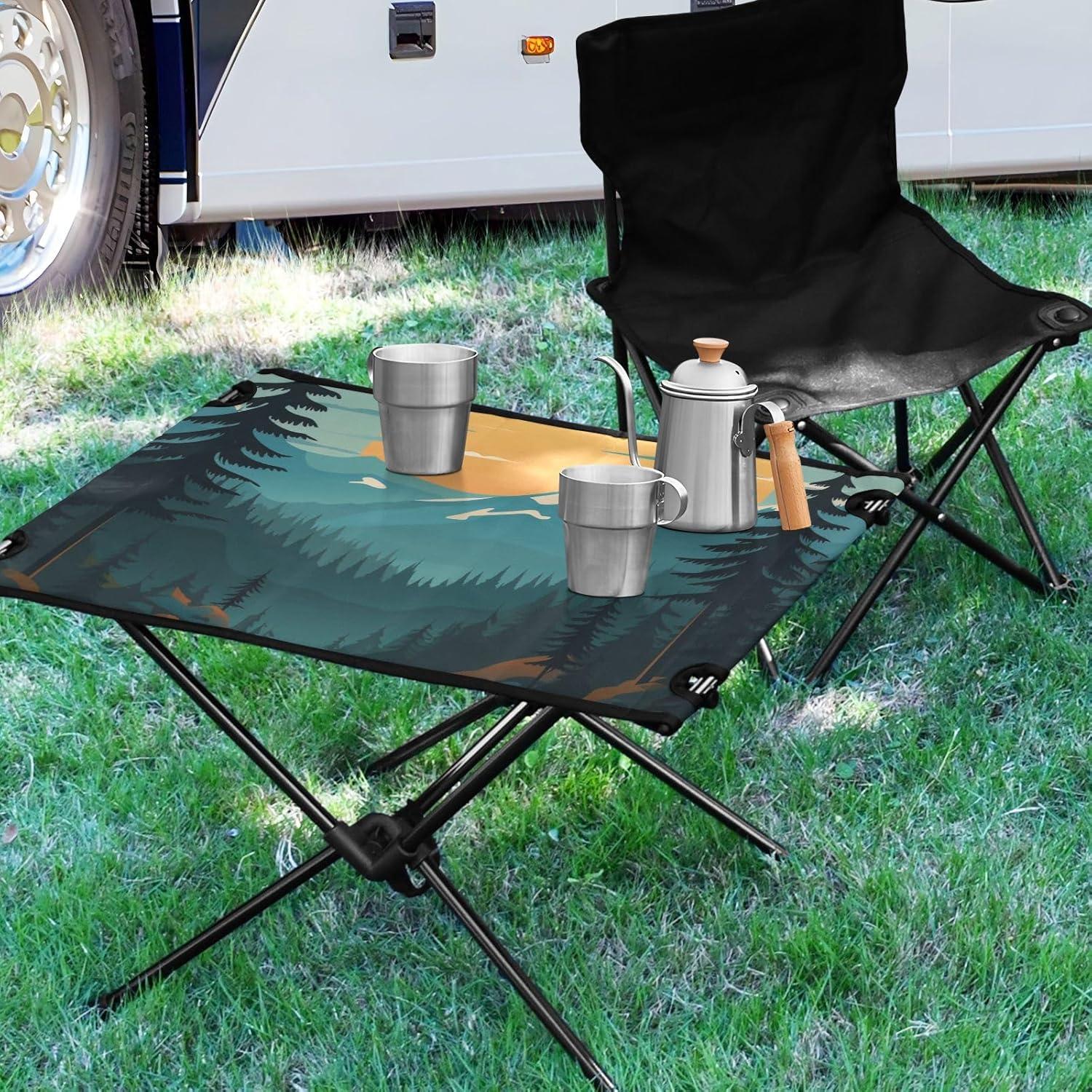 Portable Camping Table Mountain Scenery Outdoor Foldable Camp Tables for Outside, Camping, Hiking, Tailgating