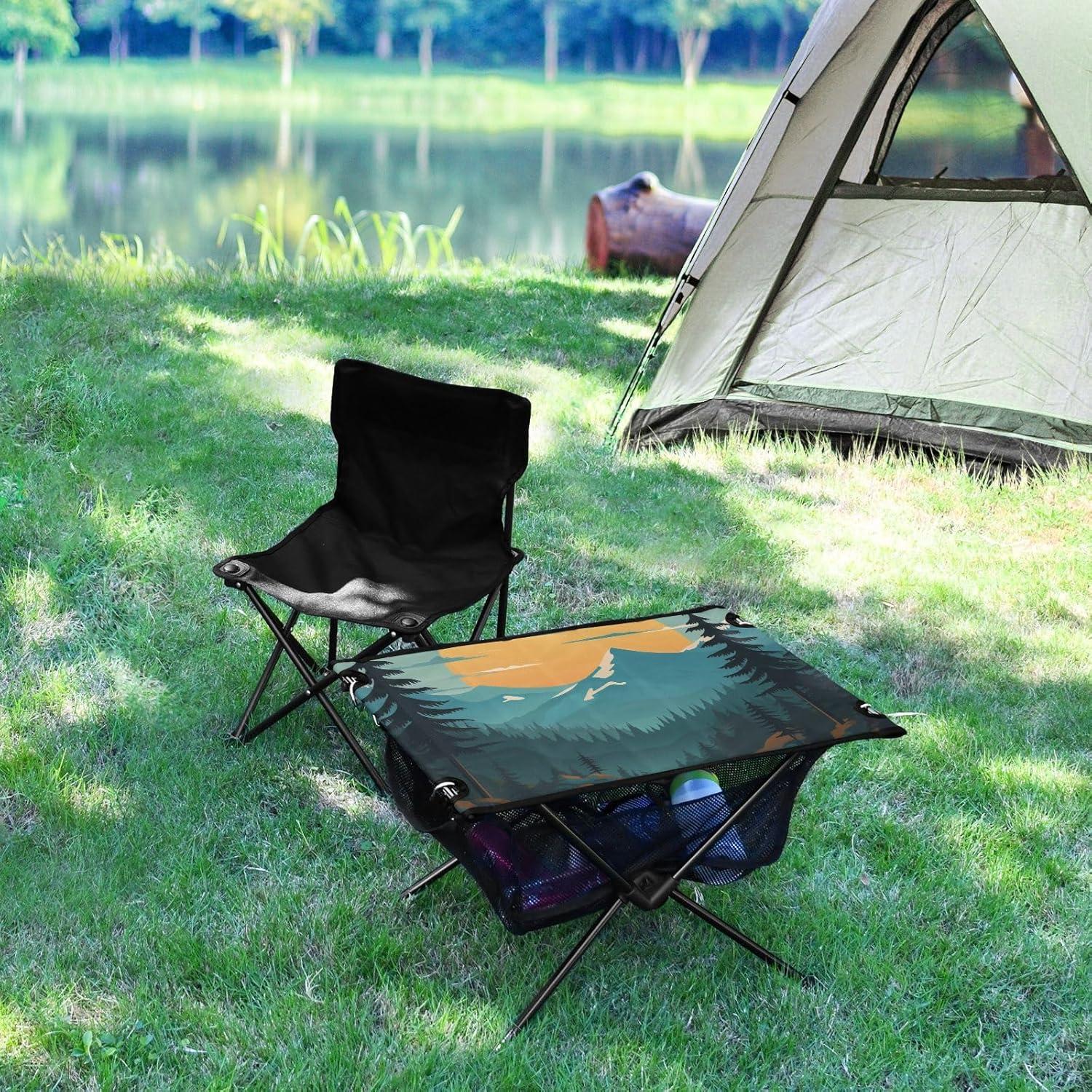 Portable Camping Table Mountain Scenery Outdoor Foldable Camp Tables for Outside, Camping, Hiking, Tailgating