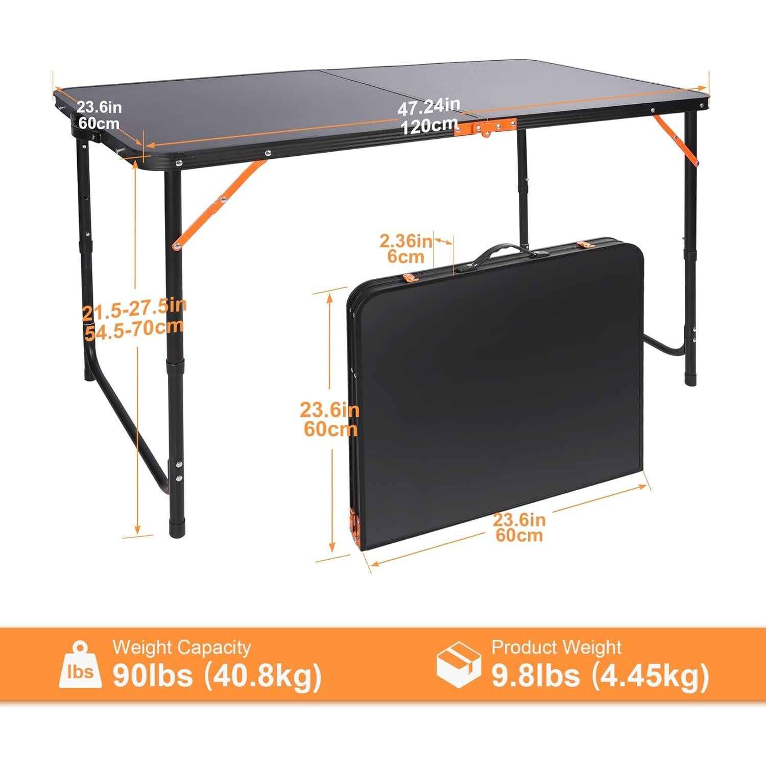 Folding Camping Table,Outdoor Adjustable Height Table,Lightweight Backyard Foldable Camp Table for Picnic,Party,BBQ,Beach,Hiking,Black