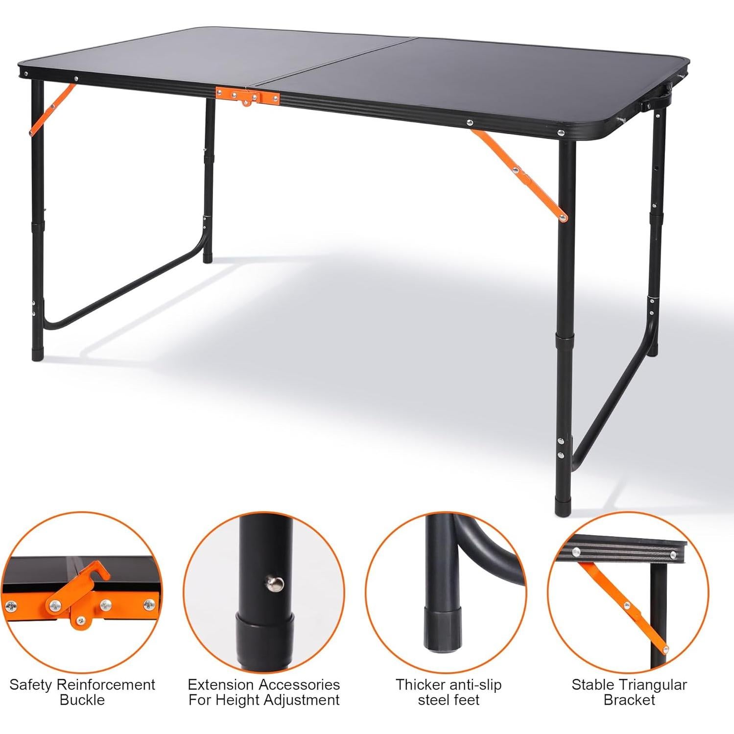 Folding Camping Table,Outdoor Adjustable Height Table,Lightweight Backyard Foldable Camp Table for Picnic,Party,BBQ,Beach,Hiking,Black