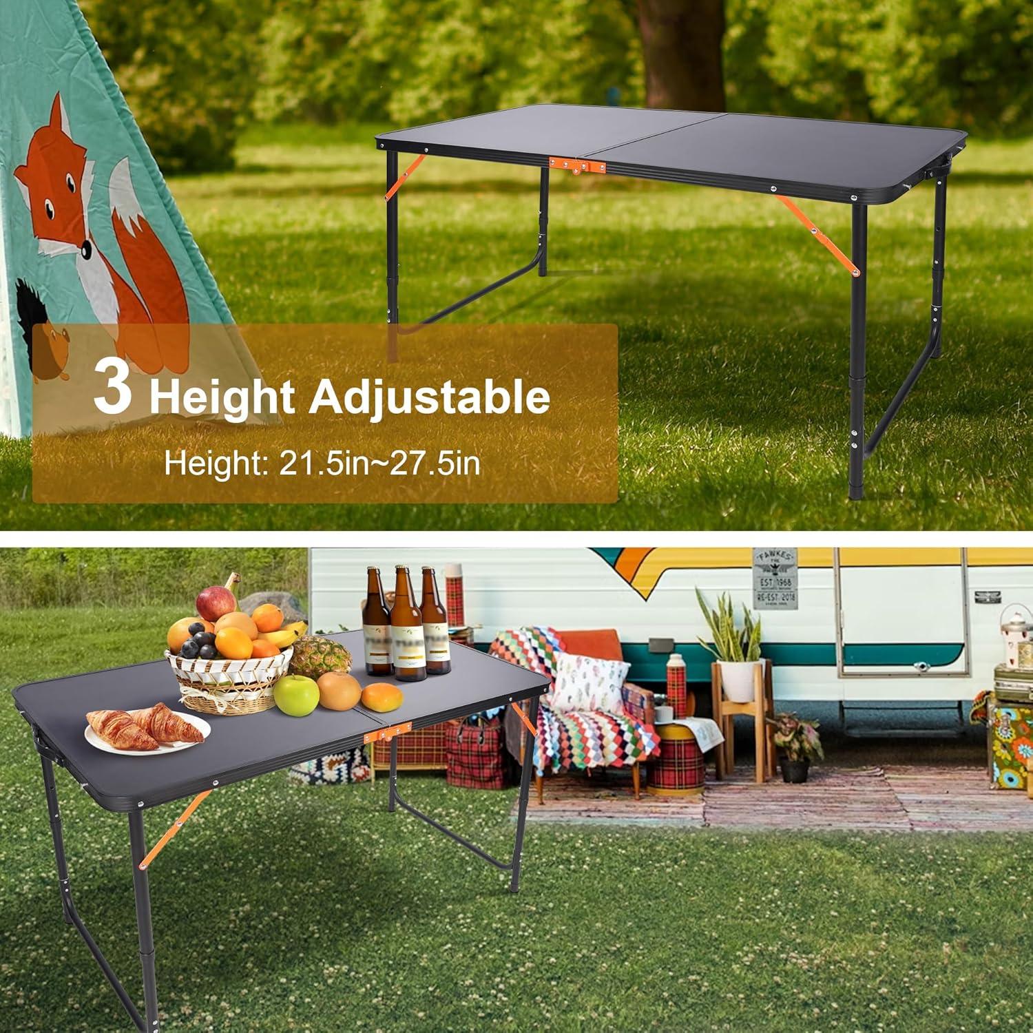 Folding Camping Table,Outdoor Adjustable Height Table,Lightweight Backyard Foldable Camp Table for Picnic,Party,BBQ,Beach,Hiking,Black