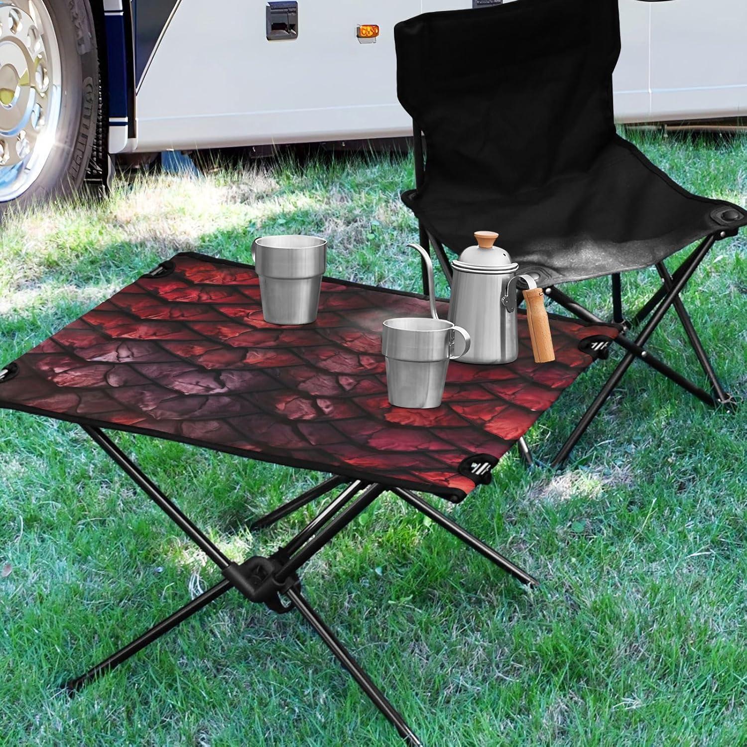 Red Dragons Scale Beach Camping Table, Easy Fold-Up Design & Portable with Carry Bag – Ideal for Outdoor BBQ, Picnic, Campsites