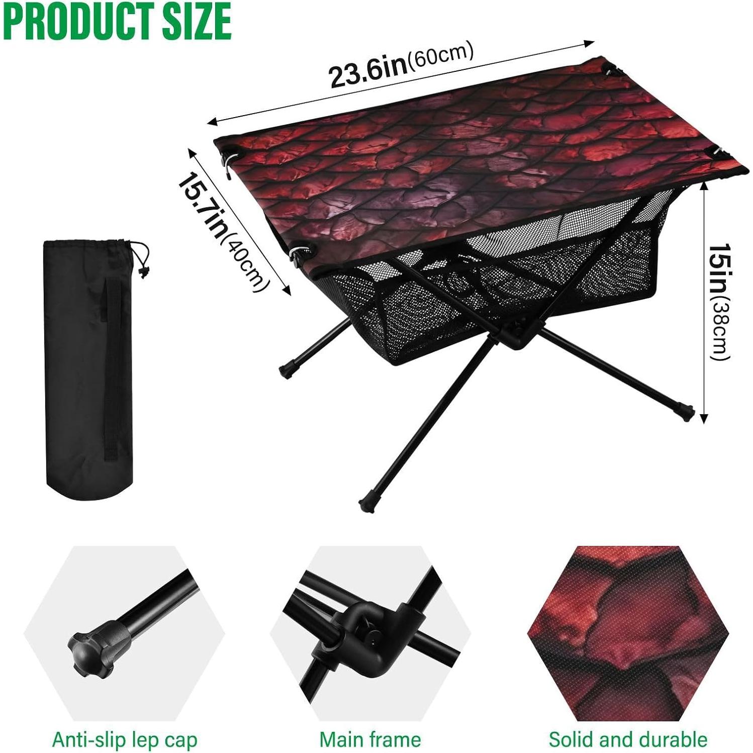 Red Dragons Scale Beach Camping Table, Easy Fold-Up Design & Portable with Carry Bag – Ideal for Outdoor BBQ, Picnic, Campsites
