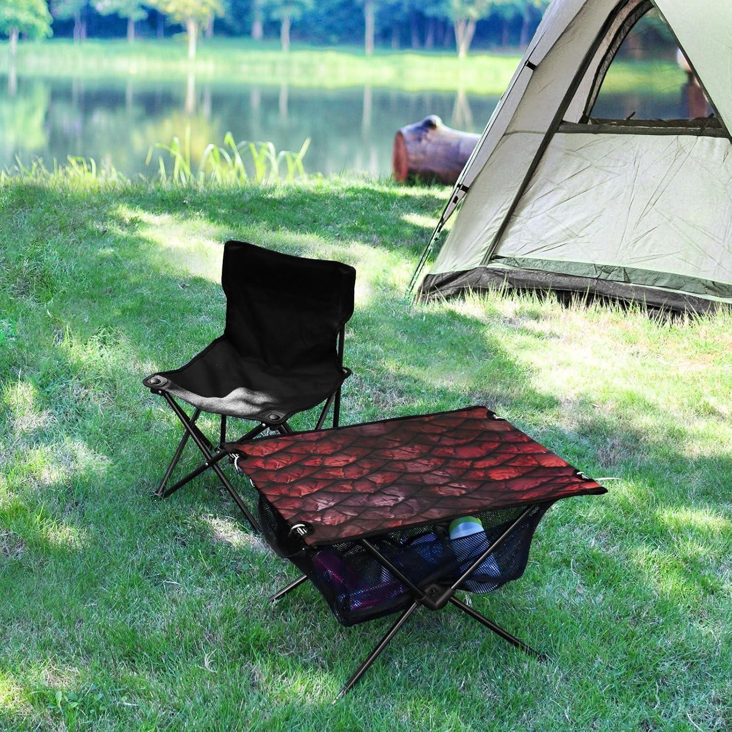 Red Dragons Scale Beach Camping Table, Easy Fold-Up Design & Portable with Carry Bag – Ideal for Outdoor BBQ, Picnic, Campsites
