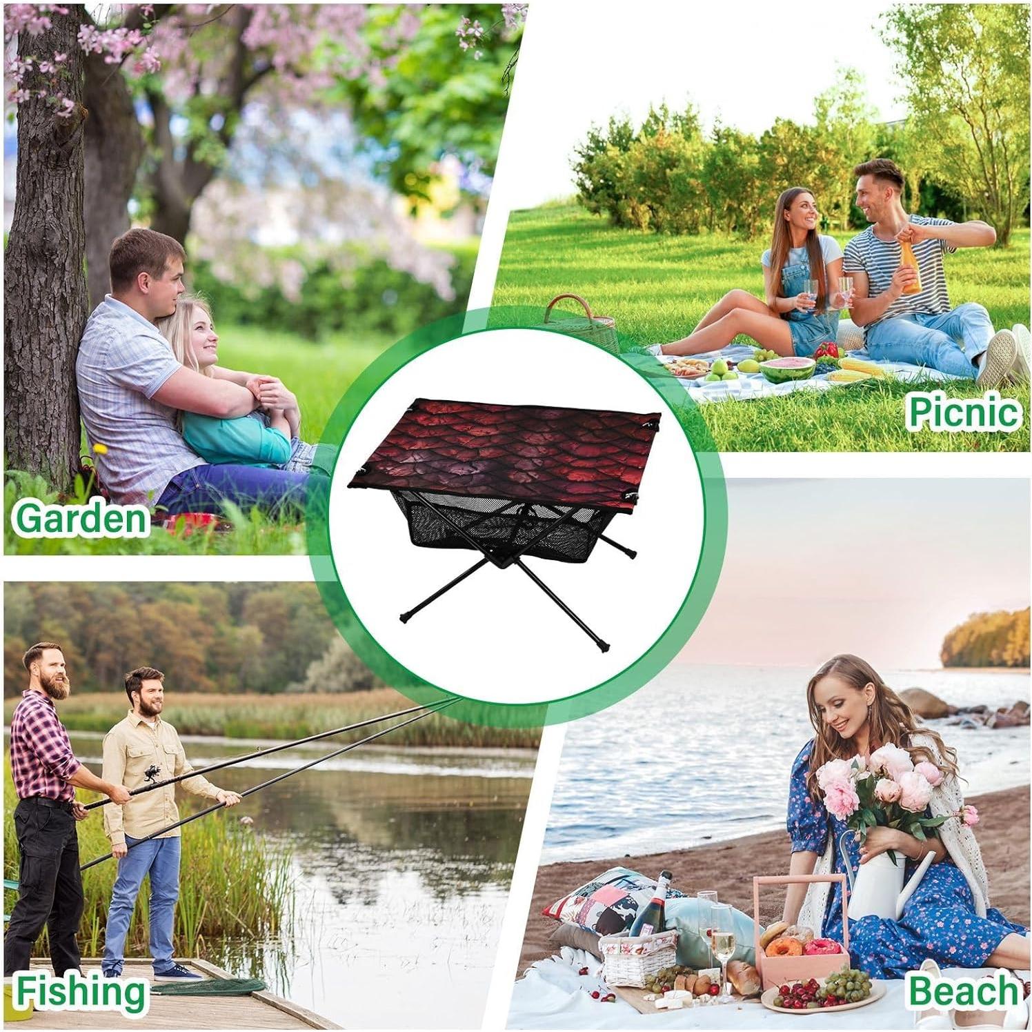 Red Dragons Scale Beach Camping Table, Easy Fold-Up Design & Portable with Carry Bag – Ideal for Outdoor BBQ, Picnic, Campsites