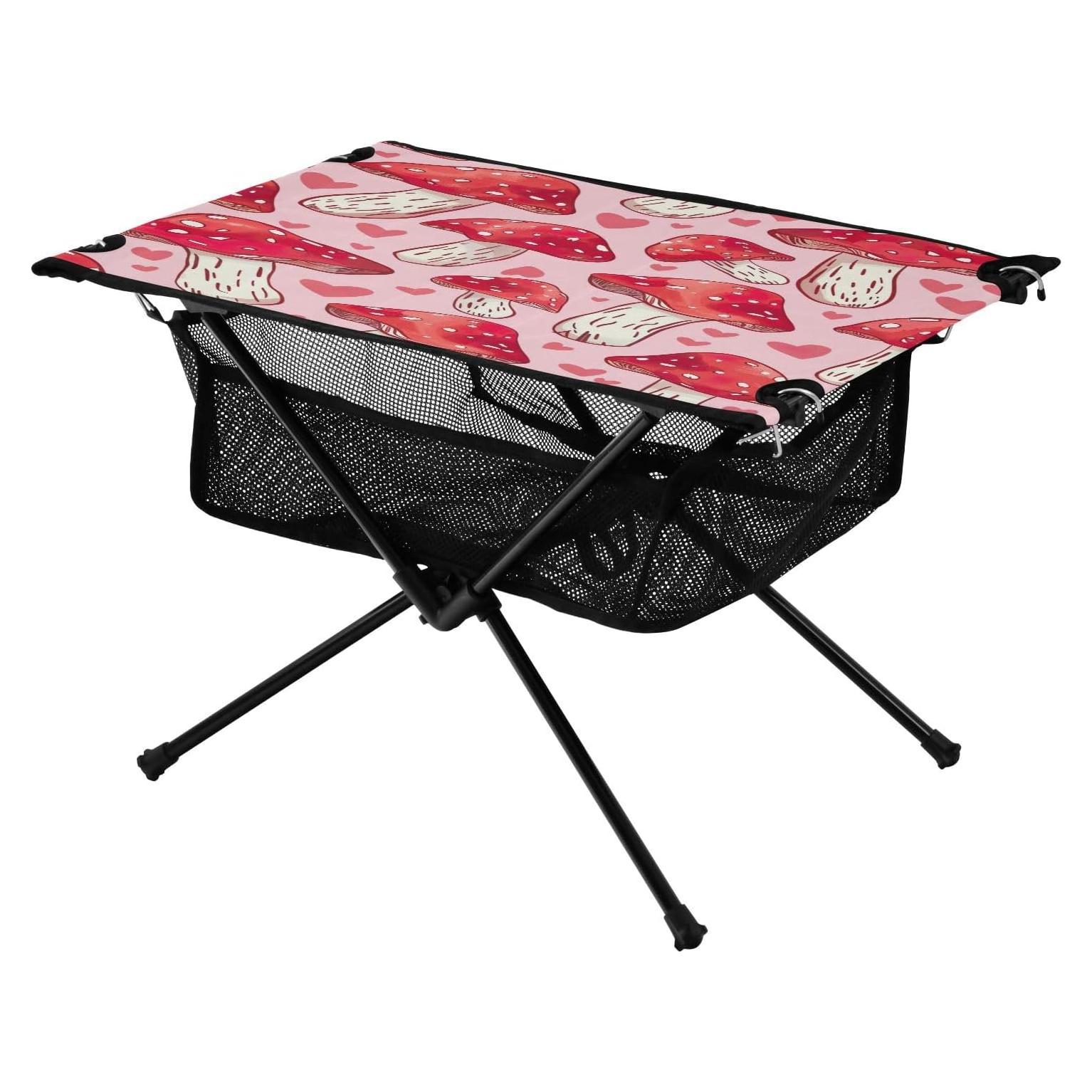 Red Mushroom Pattern Beach Camping Table, Easy Fold-Up Design & Portable with Carry Bag – Ideal for Outdoor BBQ, Picnic, Campsites