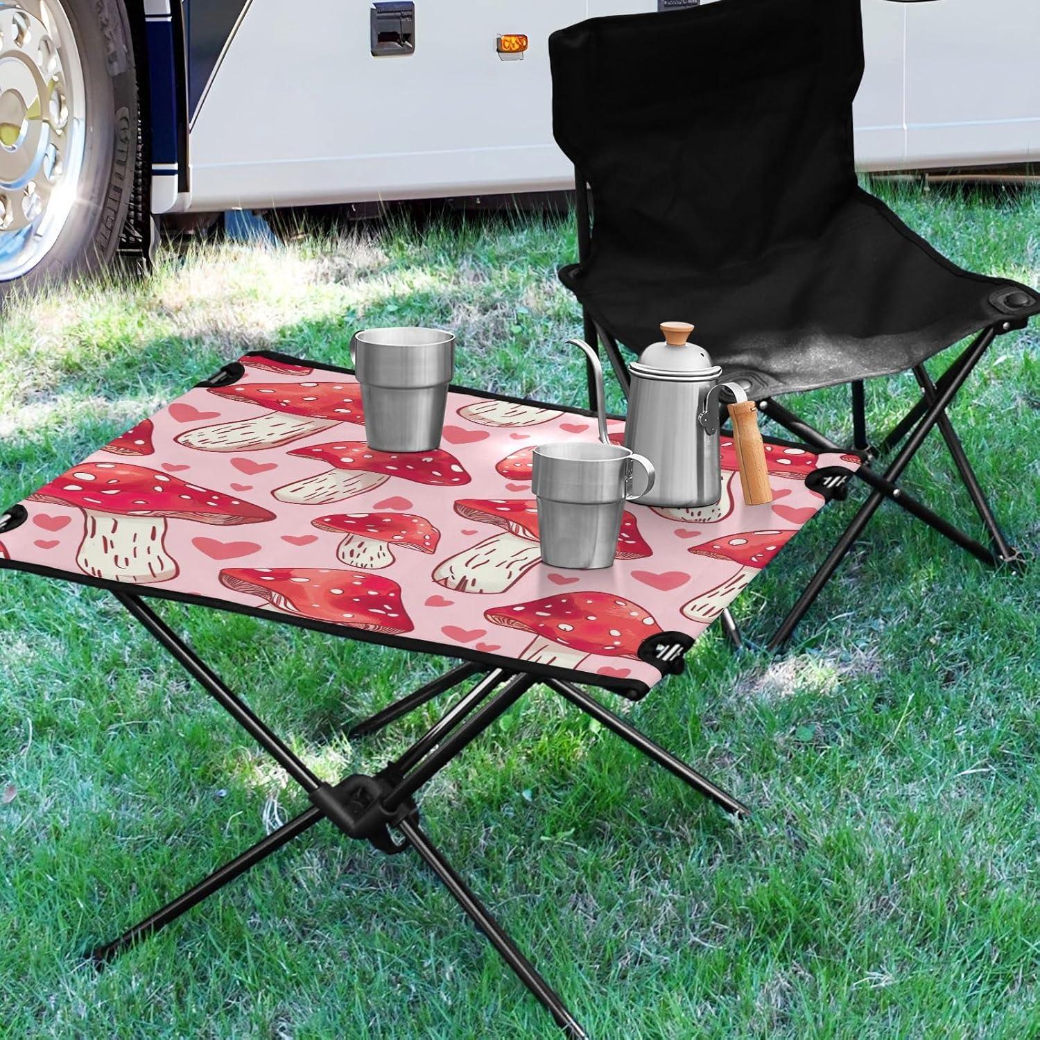 Red Mushroom Pattern Beach Camping Table, Easy Fold-Up Design & Portable with Carry Bag – Ideal for Outdoor BBQ, Picnic, Campsites