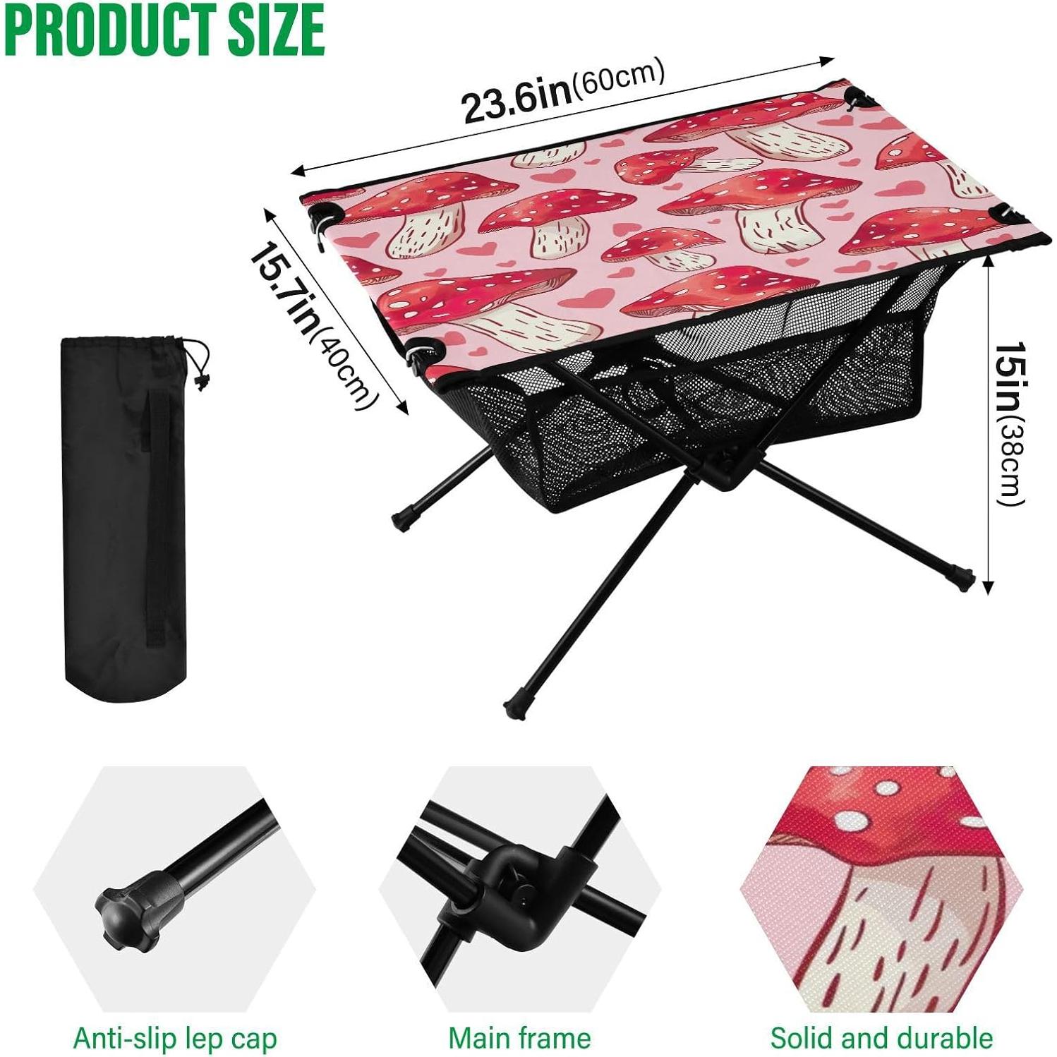 Red Mushroom Pattern Beach Camping Table, Easy Fold-Up Design & Portable with Carry Bag – Ideal for Outdoor BBQ, Picnic, Campsites