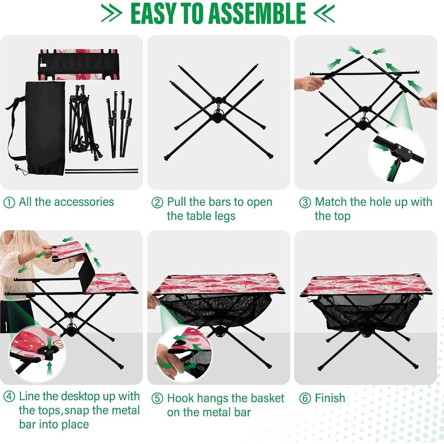 Red Mushroom Pattern Beach Camping Table, Easy Fold-Up Design & Portable with Carry Bag – Ideal for Outdoor BBQ, Picnic, Campsites