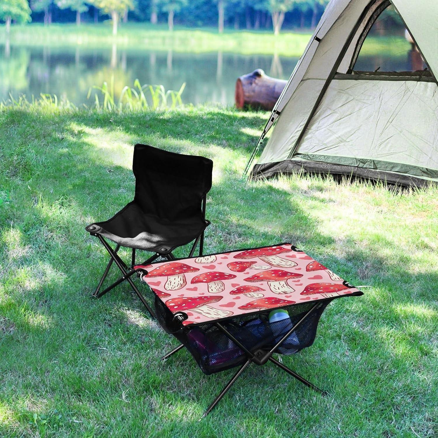 Red Mushroom Pattern Beach Camping Table, Easy Fold-Up Design & Portable with Carry Bag – Ideal for Outdoor BBQ, Picnic, Campsites