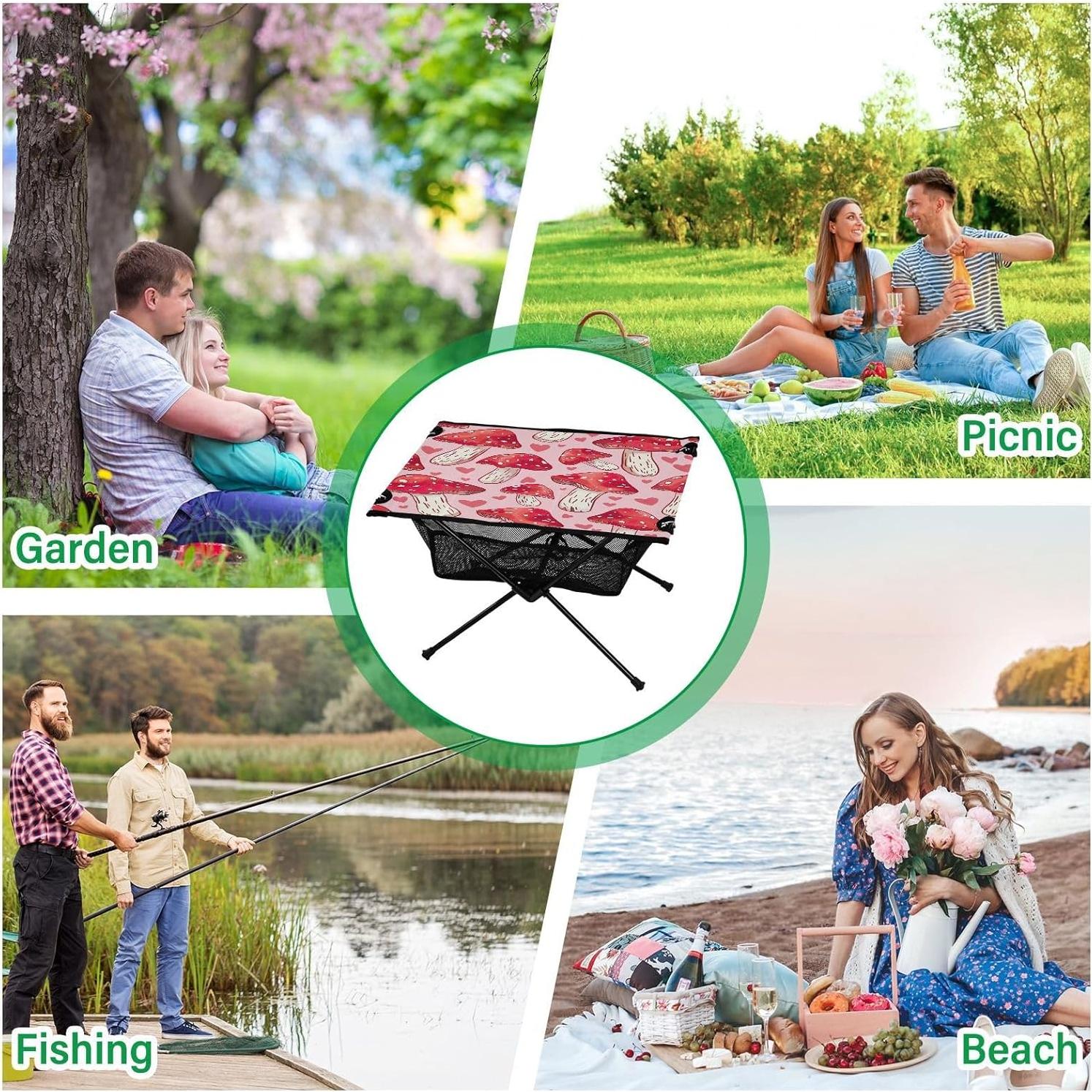 Red Mushroom Pattern Beach Camping Table, Easy Fold-Up Design & Portable with Carry Bag – Ideal for Outdoor BBQ, Picnic, Campsites