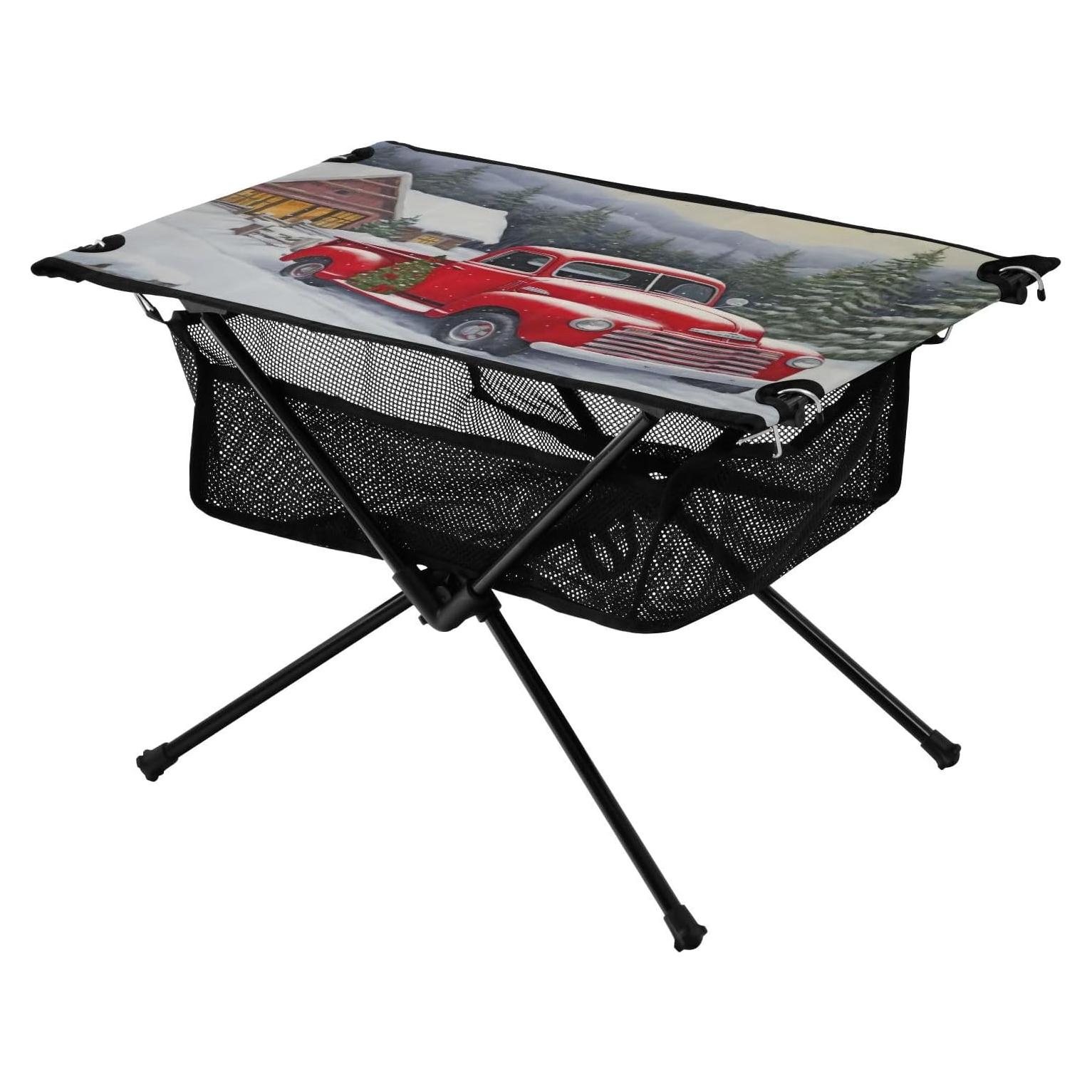 Red Truck Farm Christmas Beach Camping Table, Easy Fold-Up Design & Portable with Carry Bag – Ideal for Outdoor BBQ, Picnic, Campsites