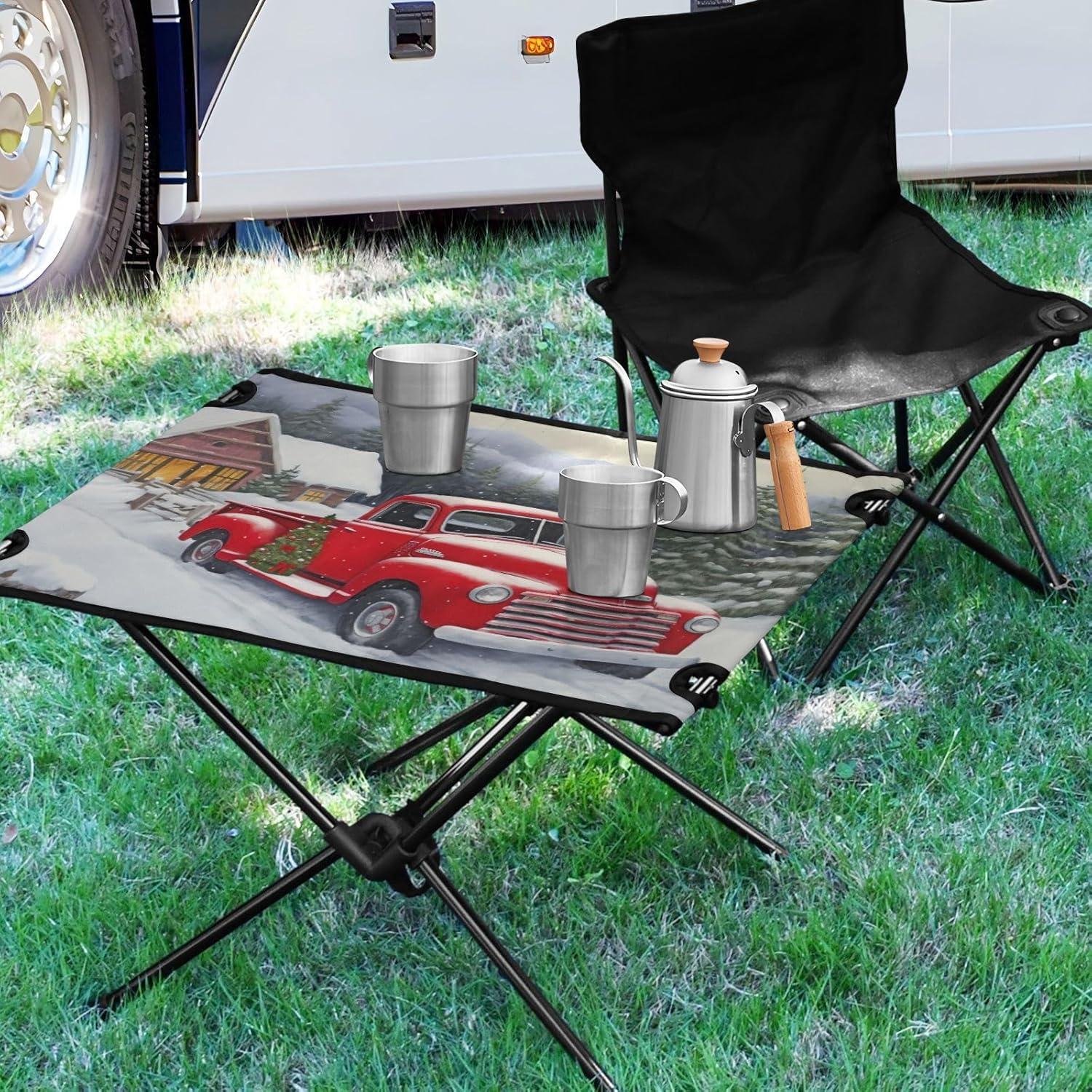 Red Truck Farm Christmas Beach Camping Table, Easy Fold-Up Design & Portable with Carry Bag – Ideal for Outdoor BBQ, Picnic, Campsites