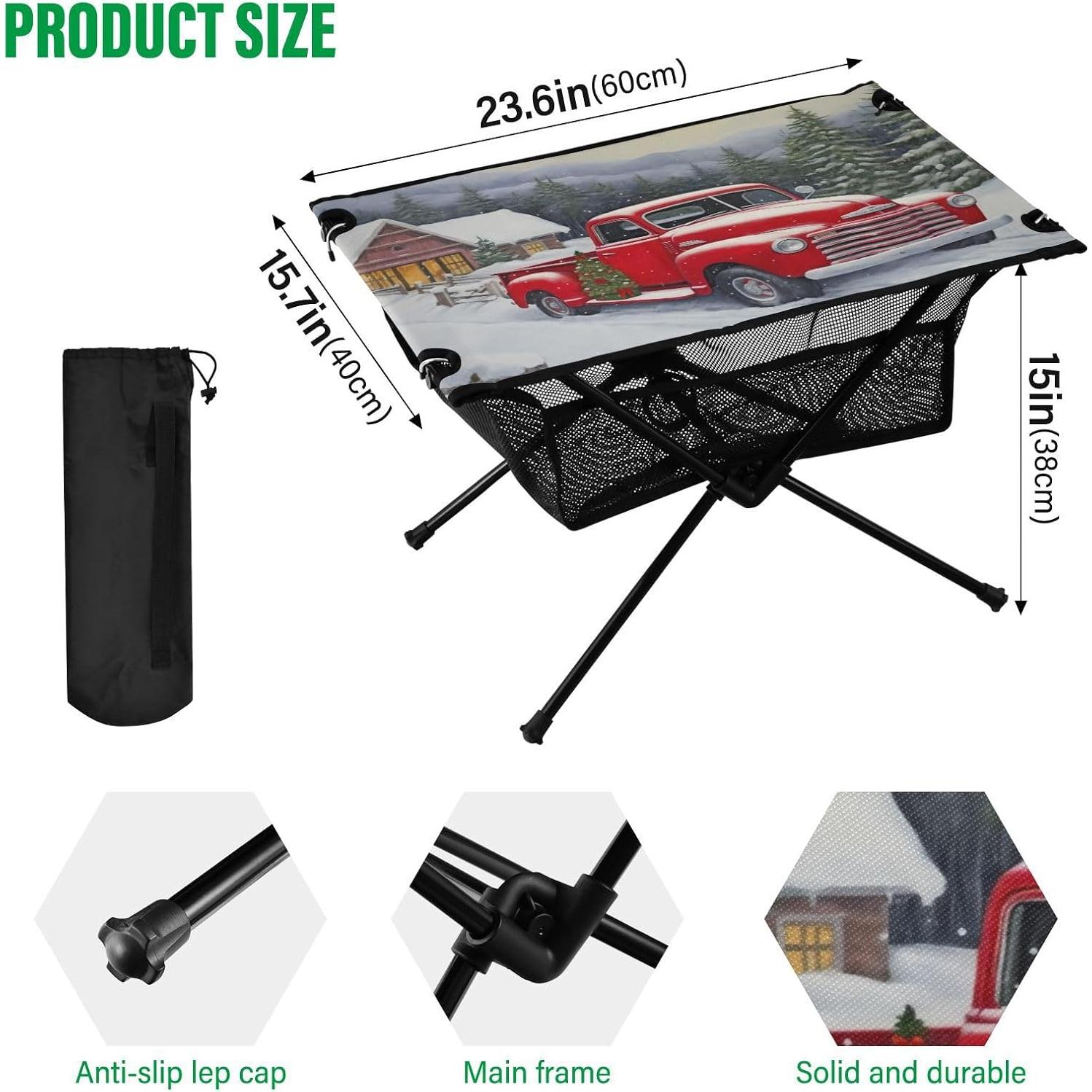 Red Truck Farm Christmas Beach Camping Table, Easy Fold-Up Design & Portable with Carry Bag – Ideal for Outdoor BBQ, Picnic, Campsites