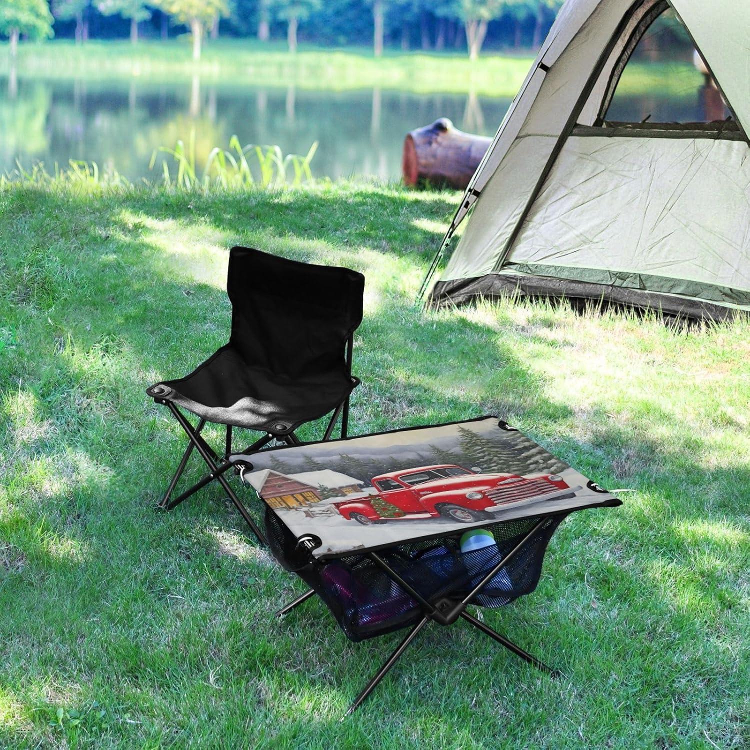 Red Truck Farm Christmas Beach Camping Table, Easy Fold-Up Design & Portable with Carry Bag – Ideal for Outdoor BBQ, Picnic, Campsites