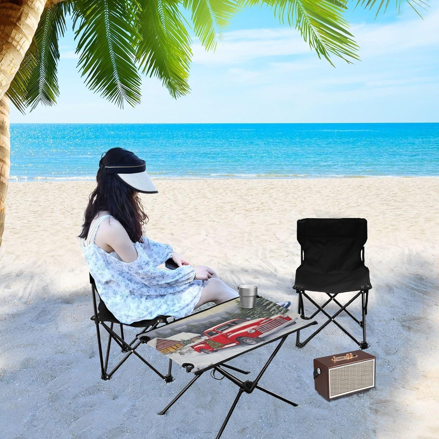 Red Truck Farm Christmas Beach Camping Table, Easy Fold-Up Design & Portable with Carry Bag – Ideal for Outdoor BBQ, Picnic, Campsites