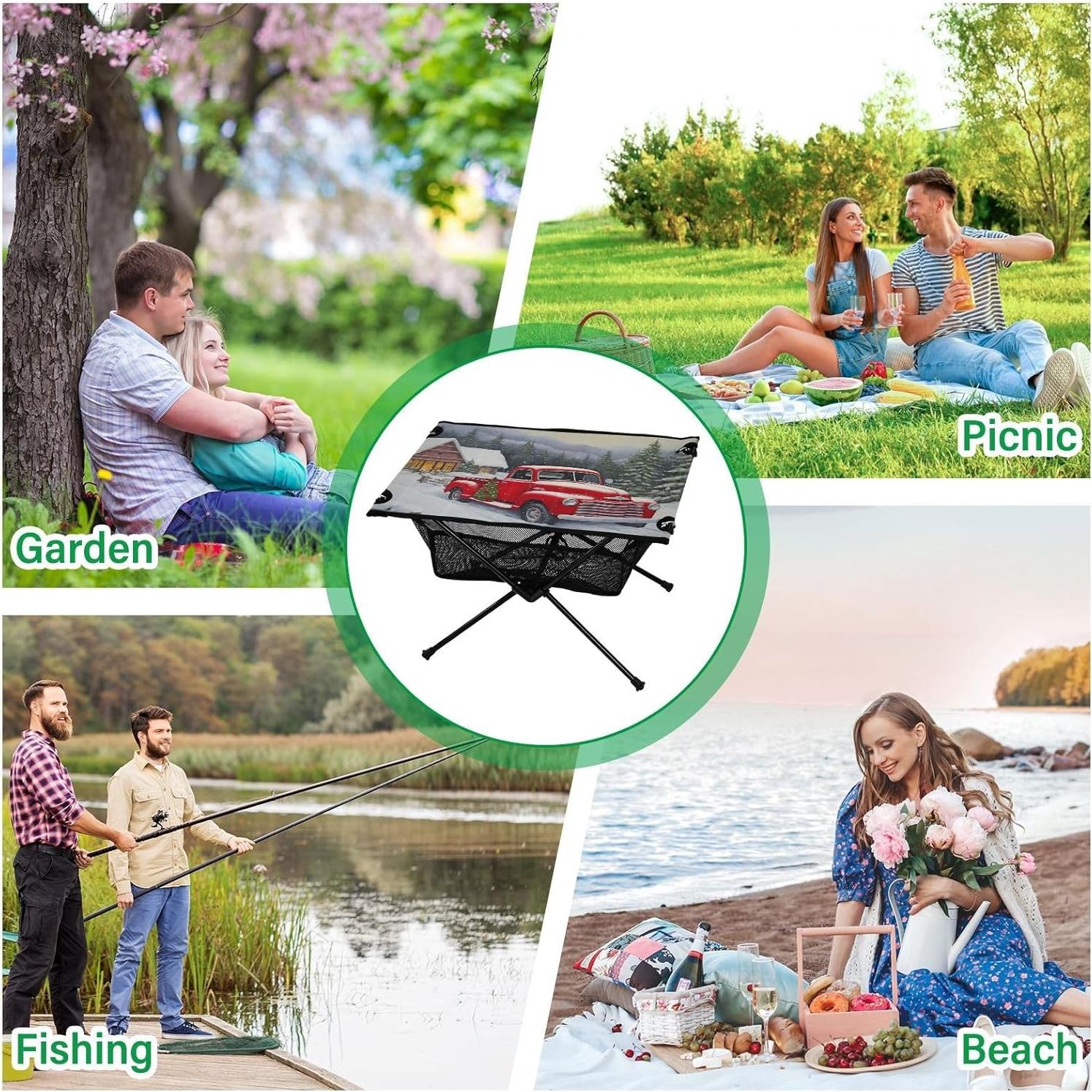 Red Truck Farm Christmas Beach Camping Table, Easy Fold-Up Design & Portable with Carry Bag – Ideal for Outdoor BBQ, Picnic, Campsites