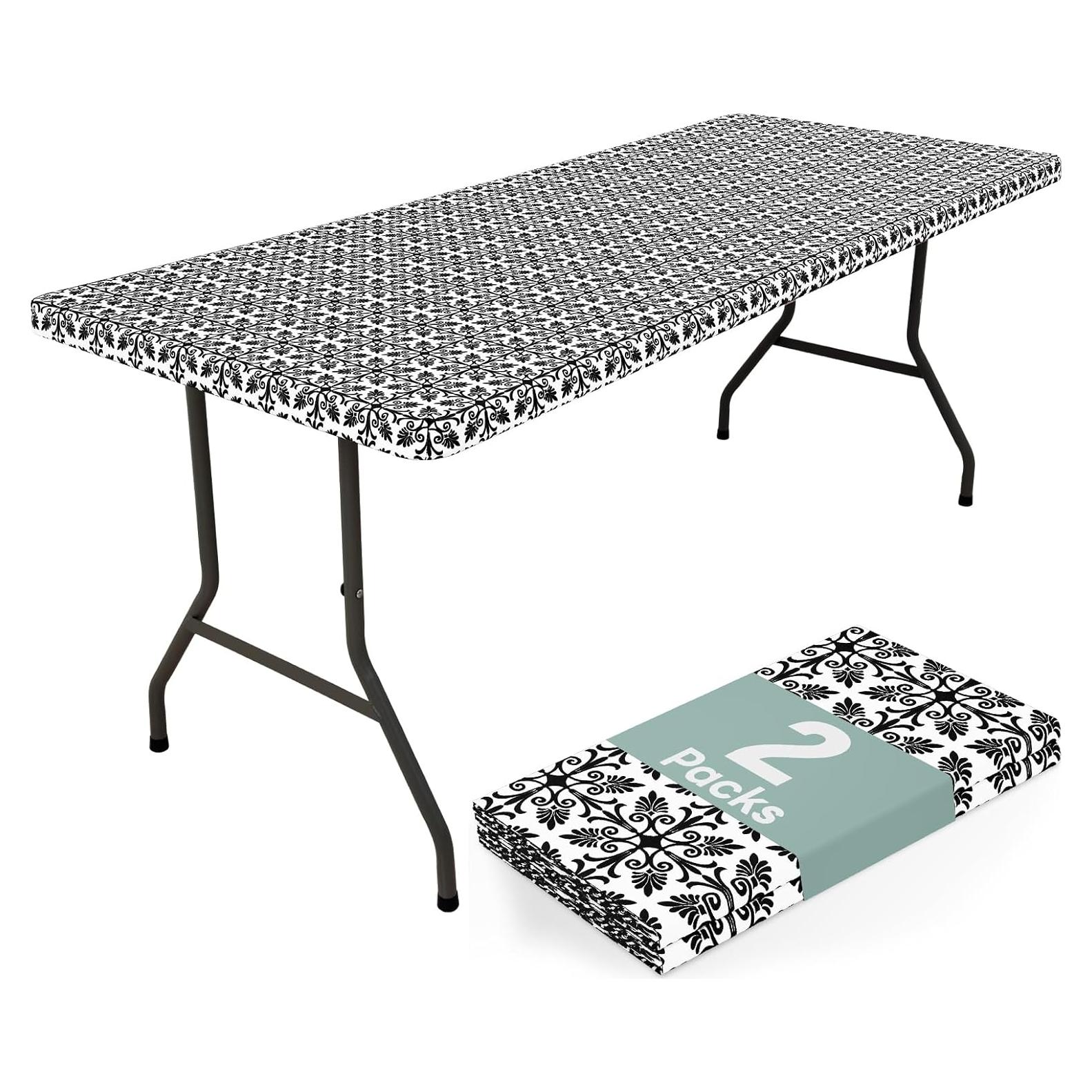 misaya 2 Pack 6 Foot Rectangle Picnic Tablecloth, Elastic Fitted Waterproof Table Cover, Windproof Washable Polyester Table Cloth for Camping, Indoor and Outdoor (Black, 30" x 72")
