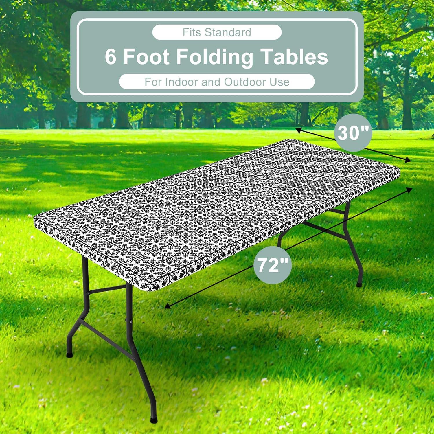 misaya 2 Pack 6 Foot Rectangle Picnic Tablecloth, Elastic Fitted Waterproof Table Cover, Windproof Washable Polyester Table Cloth for Camping, Indoor and Outdoor (Black, 30" x 72")