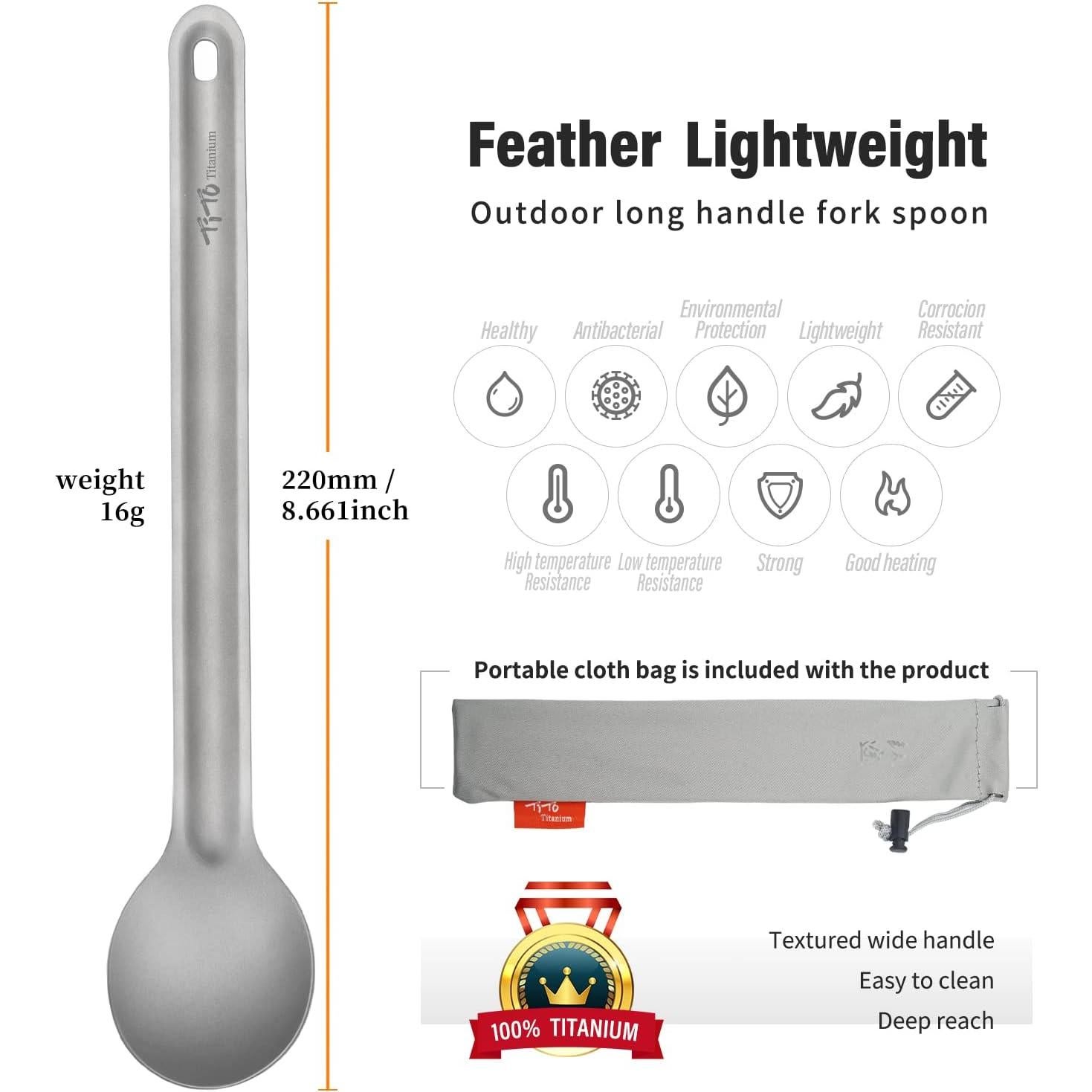 Spork de Titanio TiTo Ecológico Mango Largo 220mm 16g