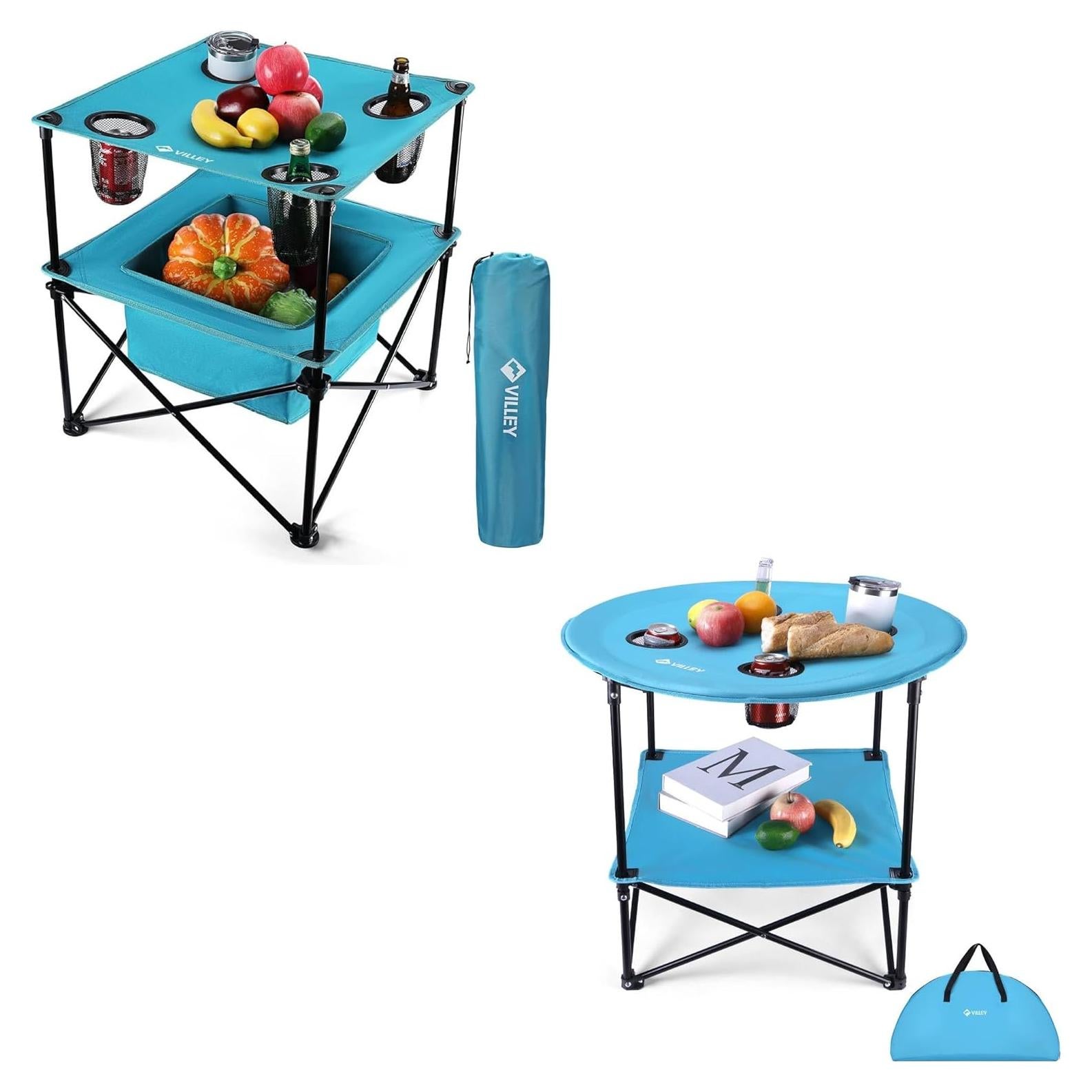 VILLEY Portable Camping Picnic Table & Lightweight Double-Layer Round Table with 4 Cup Holders and Carry Bag,
