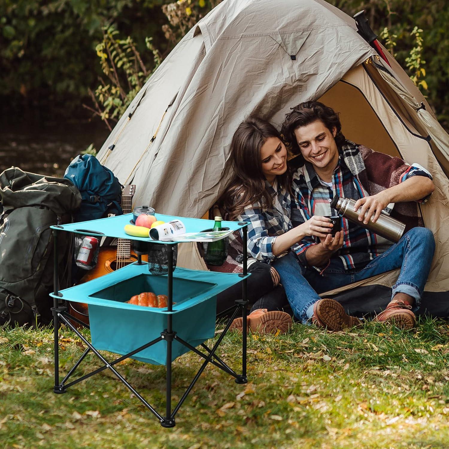 VILLEY Portable Camping Picnic Table & Lightweight Double-Layer Round Table with 4 Cup Holders and Carry Bag,