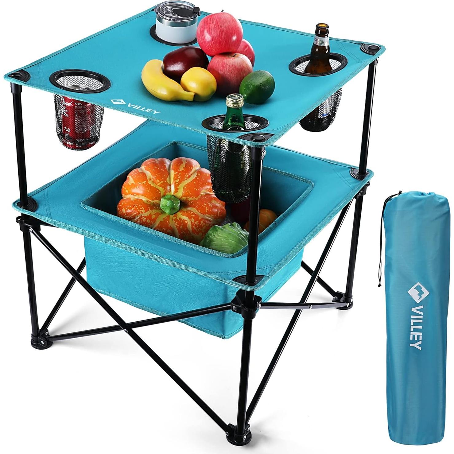 VILLEY Portable Camping Picnic Table & Lightweight Double-Layer Round Table with 4 Cup Holders and Carry Bag,