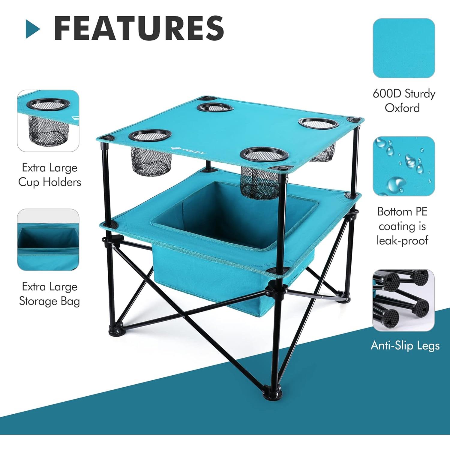 VILLEY Portable Camping Picnic Table & Lightweight Double-Layer Round Table with 4 Cup Holders and Carry Bag,
