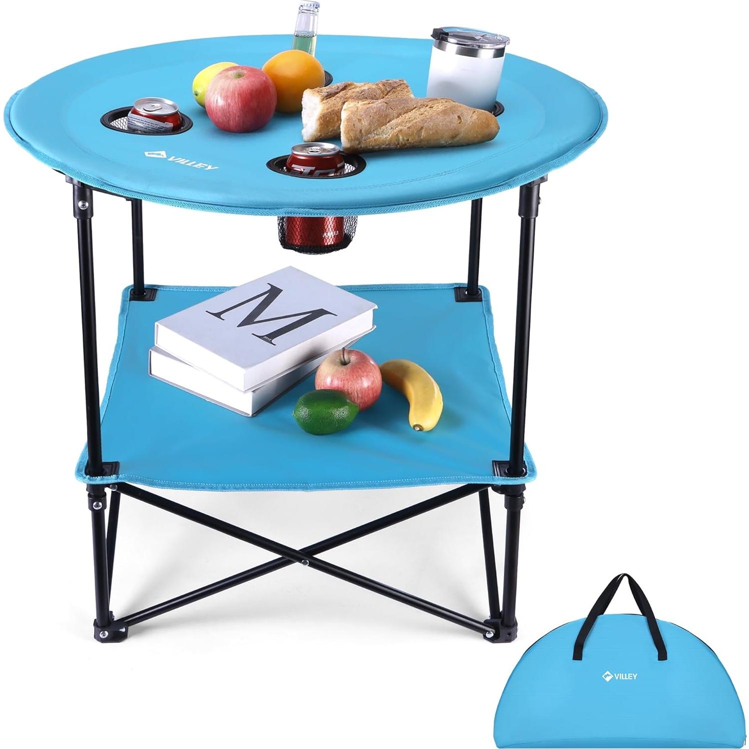 VILLEY Portable Camping Picnic Table & Lightweight Double-Layer Round Table with 4 Cup Holders and Carry Bag,