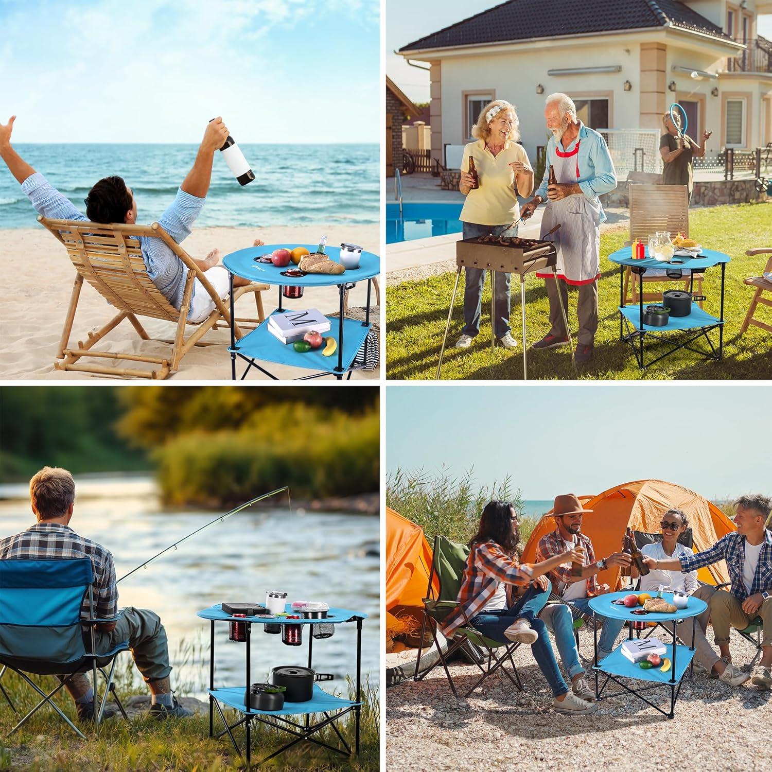 VILLEY Portable Camping Picnic Table & Lightweight Double-Layer Round Table with 4 Cup Holders and Carry Bag,