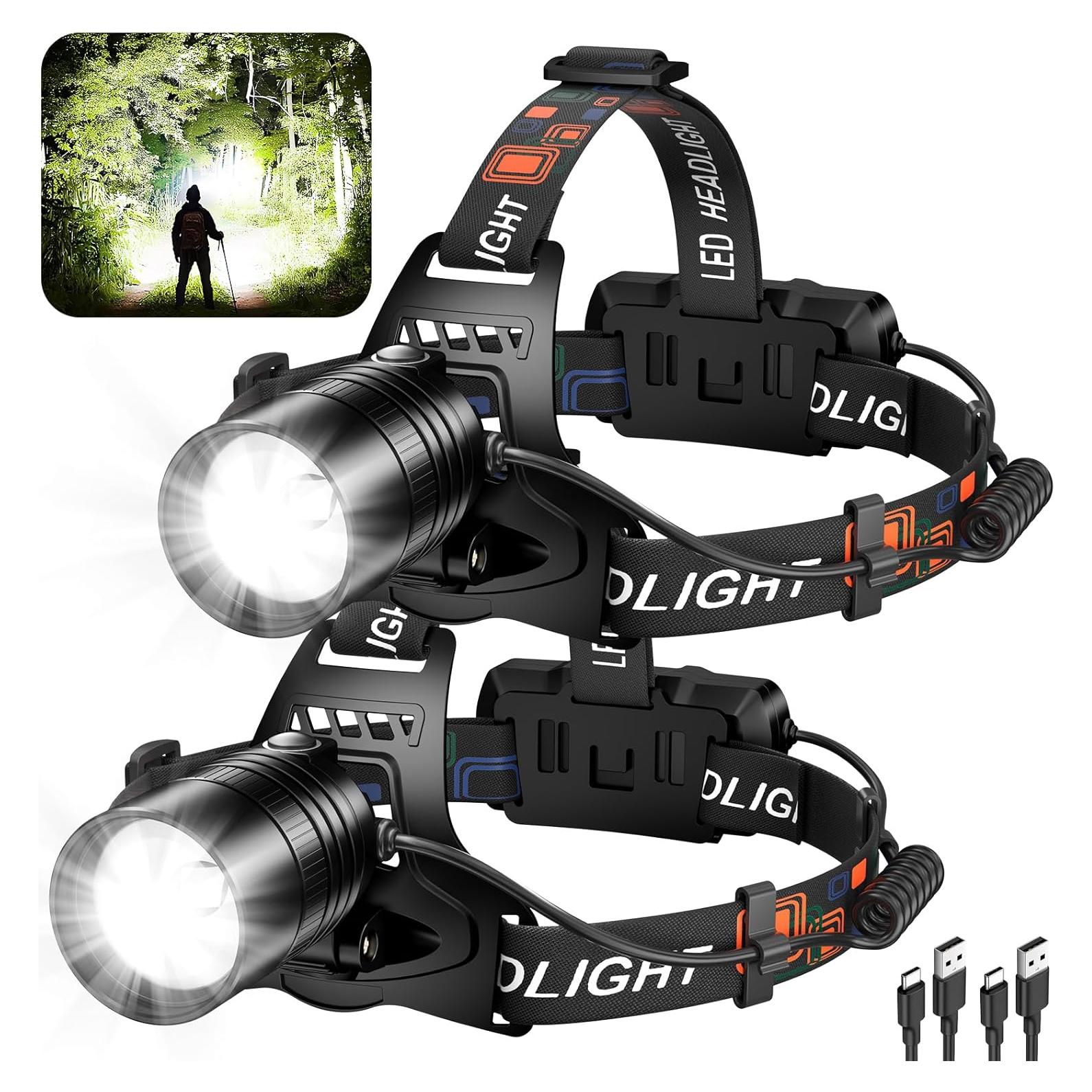 Linterna Frontal Recargable 2 Pack 3000 Lúmenes IPX6 Ajustable