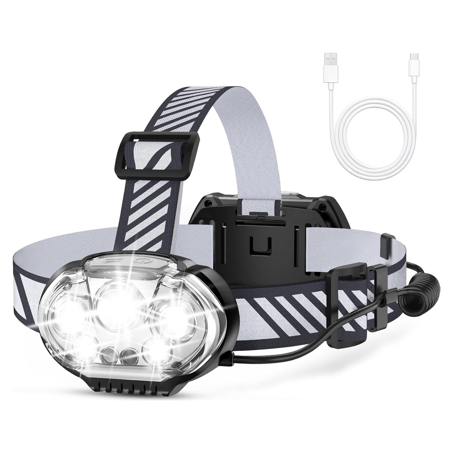 Rechargeable Headlamp, Ultra-Bright 5 LED Head Lamp with Red White Light,IPX4 Waterproof Headlight,8 Mode Head Flashlight for Outdoor Running Hunting Fishing Hiking Camping Gear