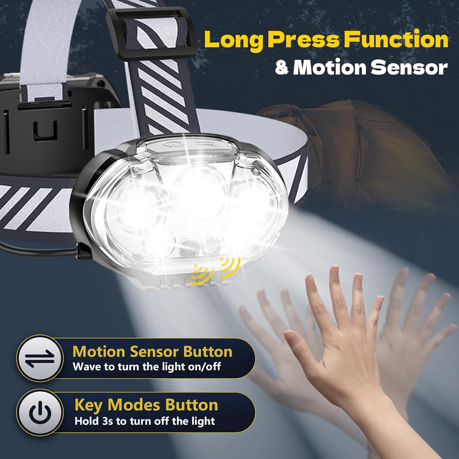 Rechargeable Headlamp, Ultra-Bright 5 LED Head Lamp with Red White Light,IPX4 Waterproof Headlight,8 Mode Head Flashlight for Outdoor Running Hunting Fishing Hiking Camping Gear