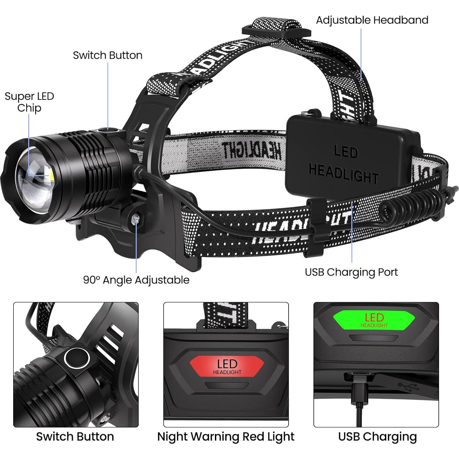 Lámpara Frontal LED Recargable Azamine 3000 Lúmenes 2Pack