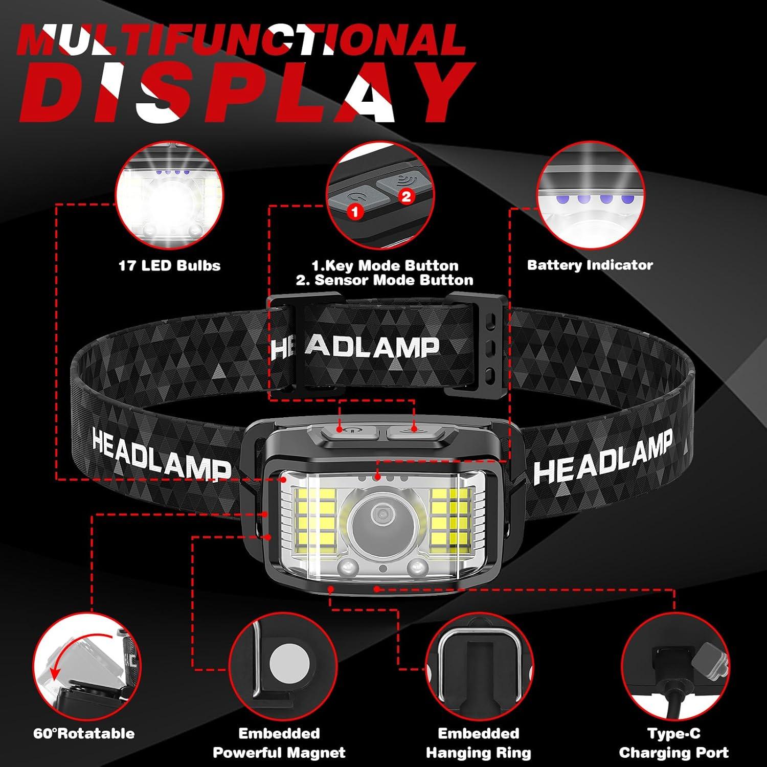 Linterna Frontal Recargable HOATWOU 2000 Lúmenes 16 Modos