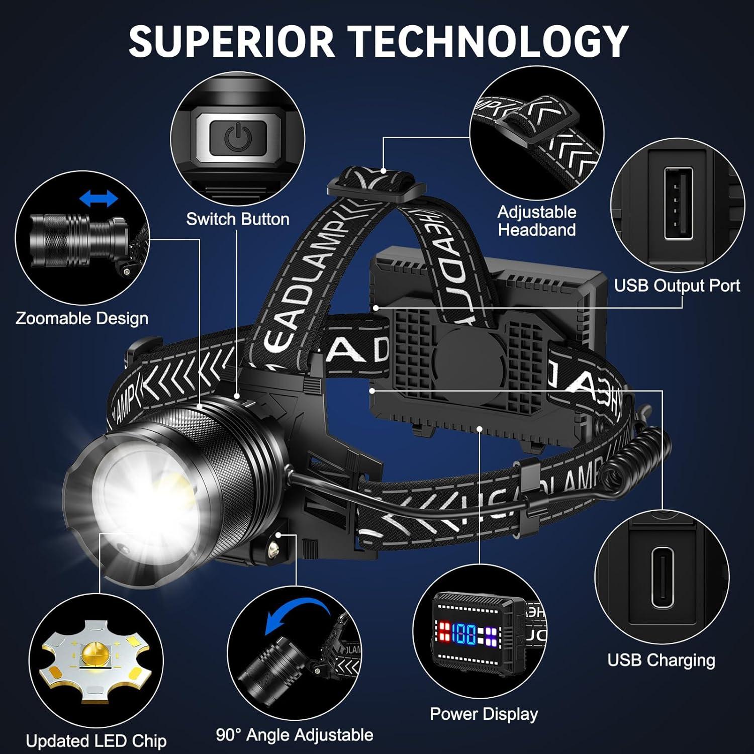 Linterna Frontal Recargable Cinlinso P70-10, 3000 Lúmenes LED IPX6