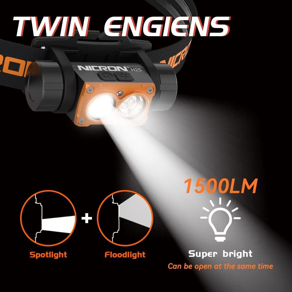 Linterna Frontal Recargable NICRON H25 1500 Lúmenes LED 180°