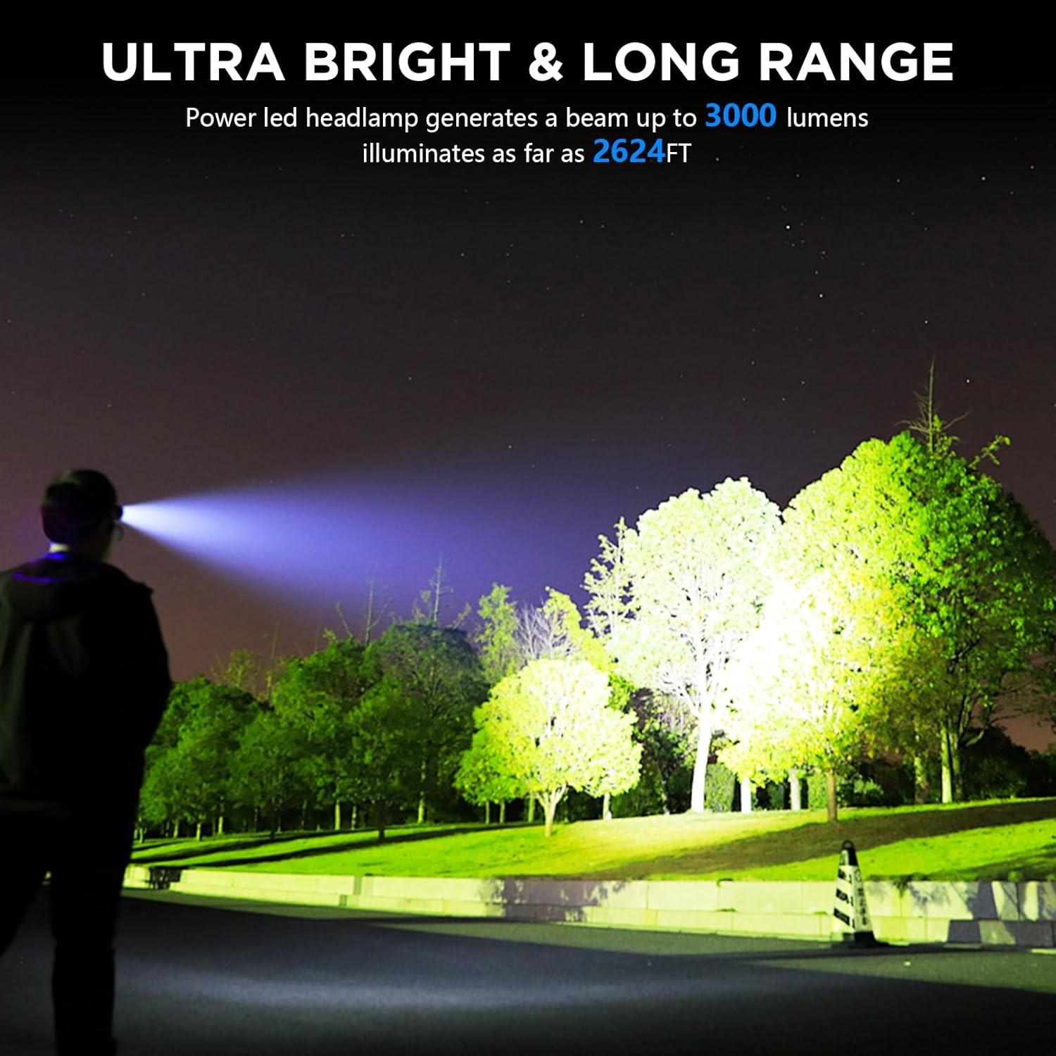 Rechargeable Headlamp, 3000 Lumens LED Super Bright Head Lamp with 5 Lighting Modes, USB Rechargeable, 90°Adjustable, Waterproof, Bright Headlamp for Adults Camping Biking Running(Βattery Included)