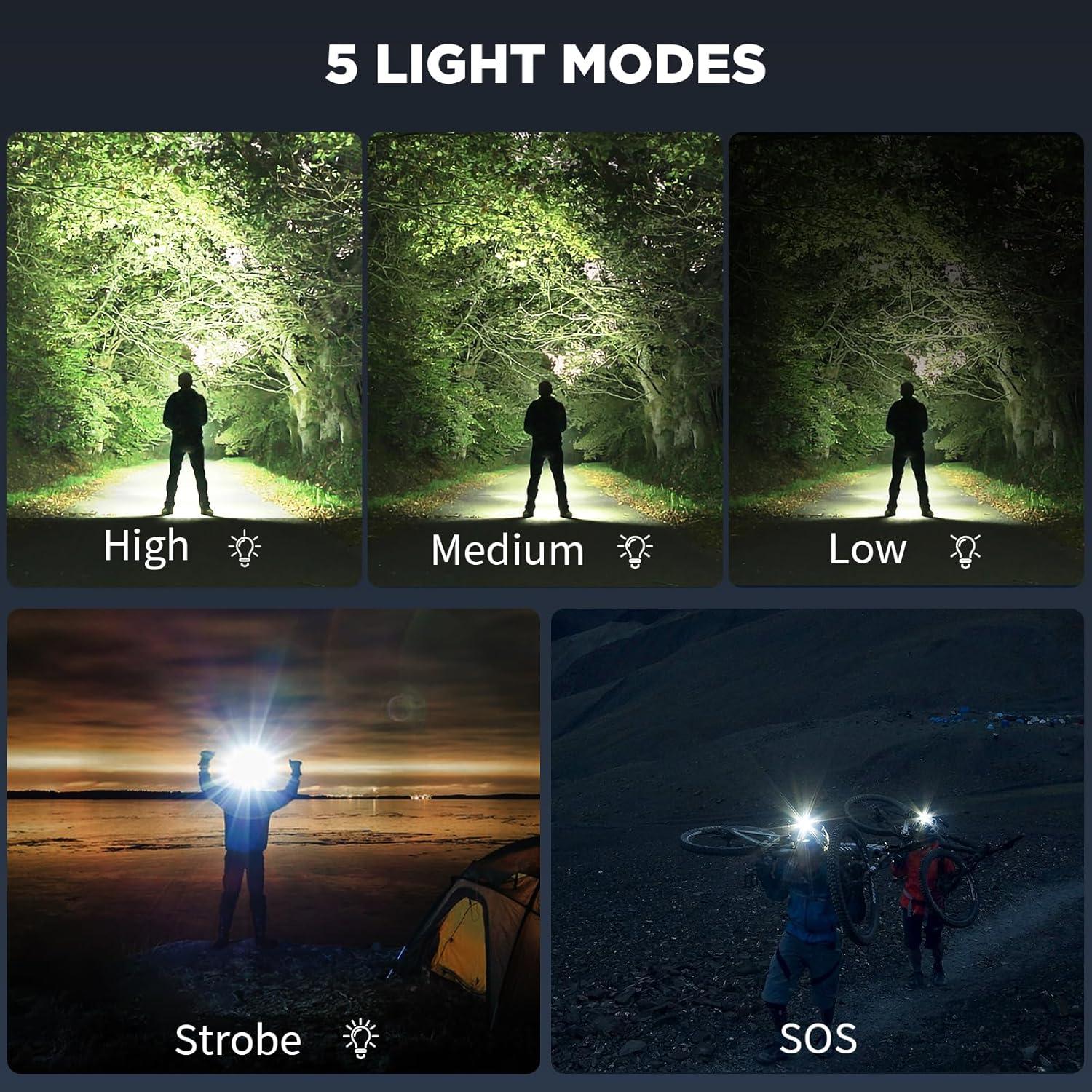 Rechargeable Headlamp, 3000 Lumens LED Super Bright Head Lamp with 5 Lighting Modes, USB Rechargeable, 90°Adjustable, Waterproof, Bright Headlamp for Adults Camping Biking Running(Βattery Included)