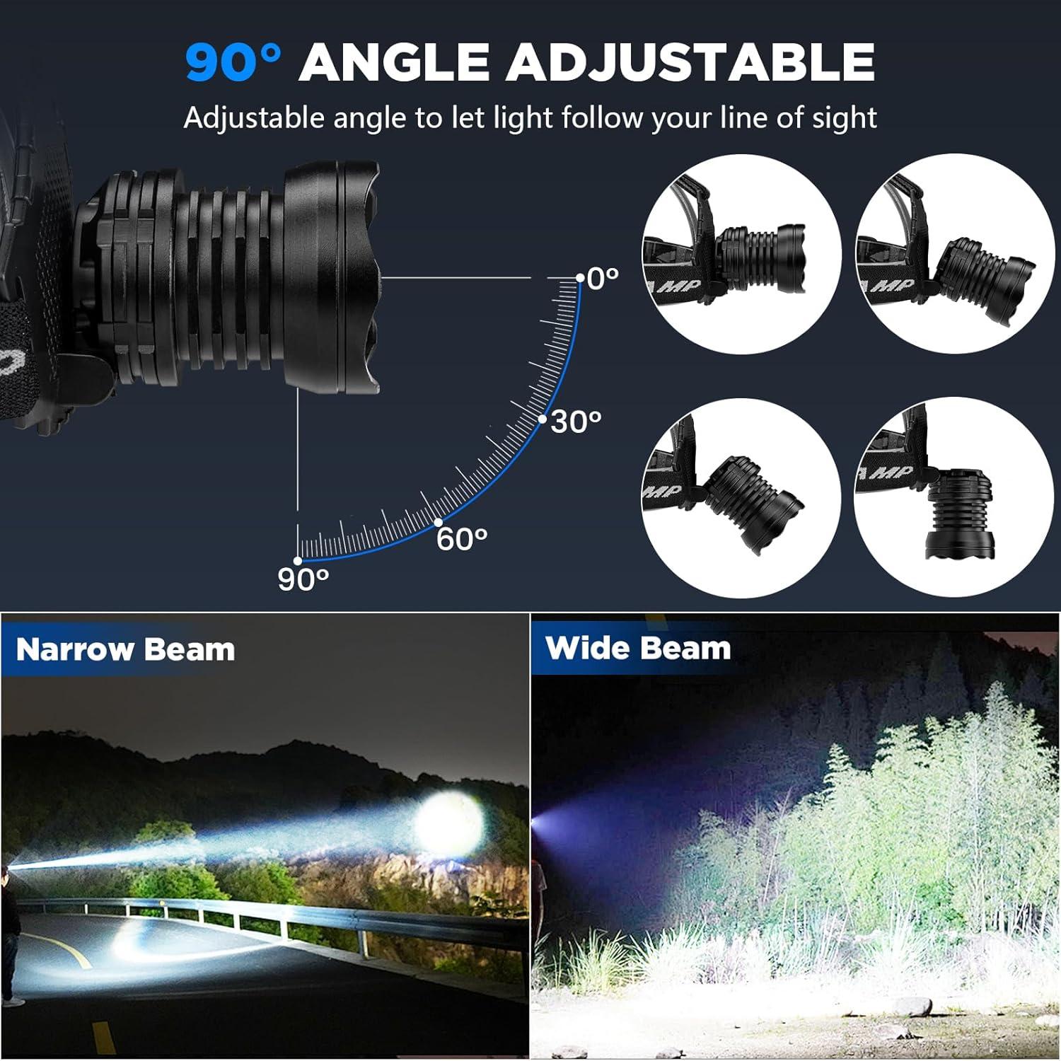 Rechargeable Headlamp, 3000 Lumens LED Super Bright Head Lamp with 5 Lighting Modes, USB Rechargeable, 90°Adjustable, Waterproof, Bright Headlamp for Adults Camping Biking Running(Βattery Included)