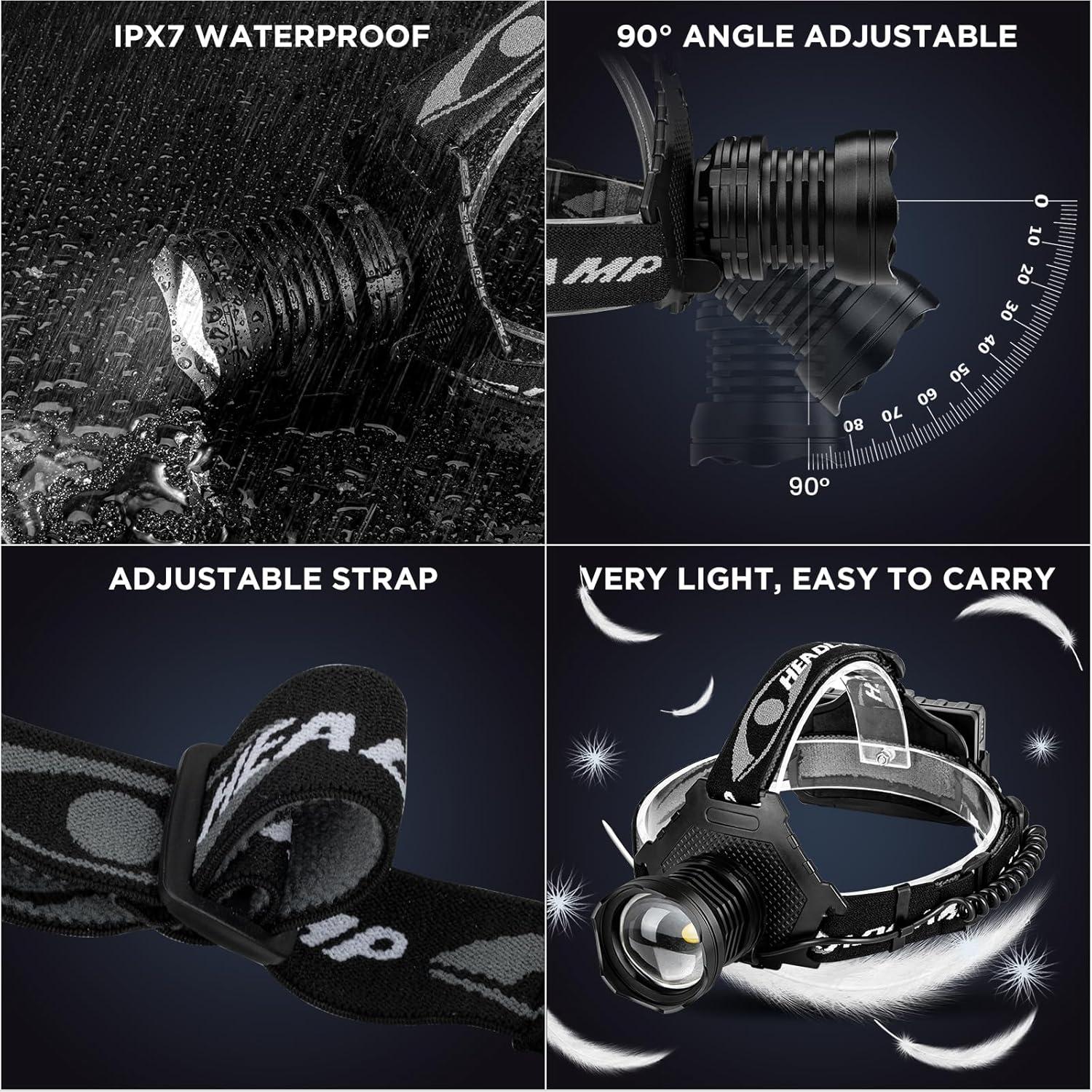 Rechargeable Headlamp, 3000 Lumens LED Super Bright Head Lamp with 5 Lighting Modes, USB Rechargeable, 90°Adjustable, Waterproof, Bright Headlamp for Adults Camping Biking Running(Βattery Included)