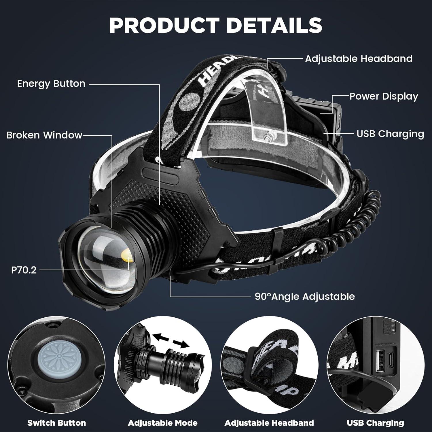 Rechargeable Headlamp, 3000 Lumens LED Super Bright Head Lamp with 5 Lighting Modes, USB Rechargeable, 90°Adjustable, Waterproof, Bright Headlamp for Adults Camping Biking Running(Βattery Included)