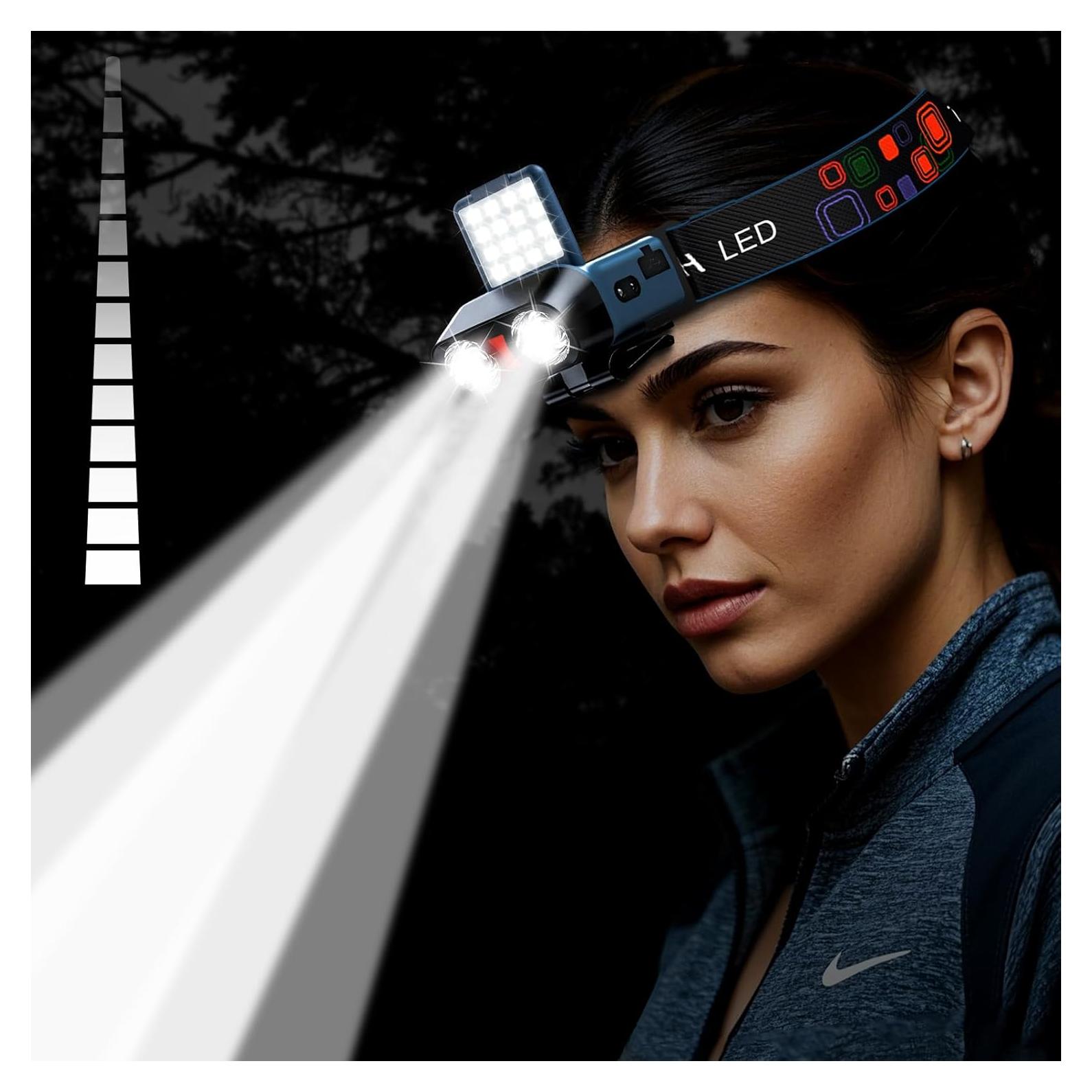 Upgraded LED Headlamp Rechargeable Flood Light, Lightweight Head Flashlight for Adults Camping Hiking, 900 Lumen Bright Headlamp Outdoor Waterproof, Red Light Motion Sensor 180° Adjustable